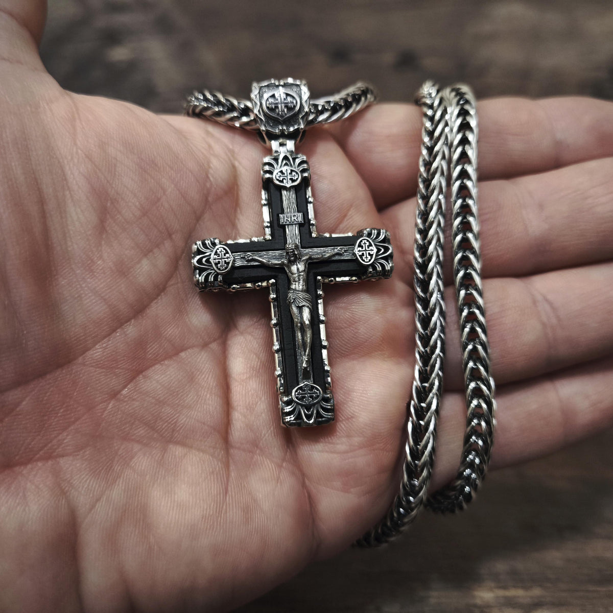 Sterling Silver Crucifix Archangel Michael Necklace & Ebony Wood - Religious Pendant