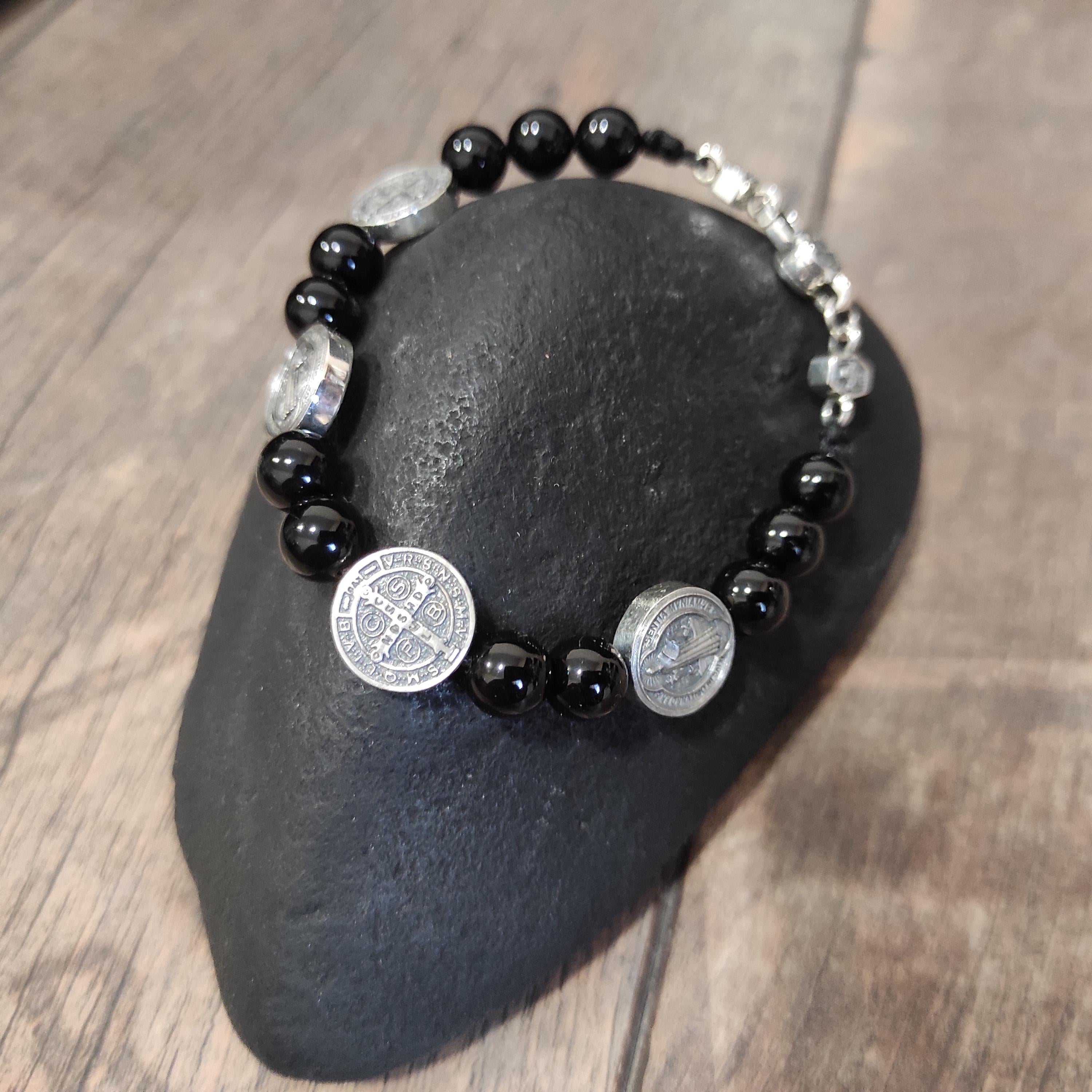 Handmade Saint Benedict Silver Bracelet: Agate Stone, Religious Gift