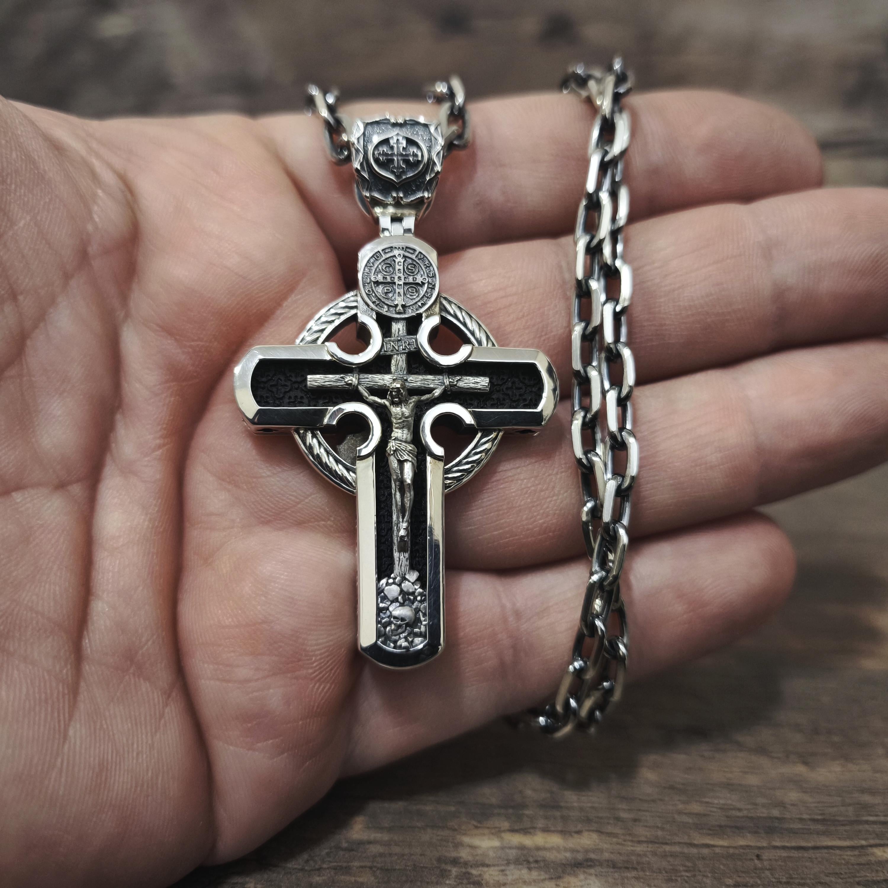 Personalized Saint Benedict Crucifix Necklace Archangel Saint Michael : Sterling Silver & Ebony Wood