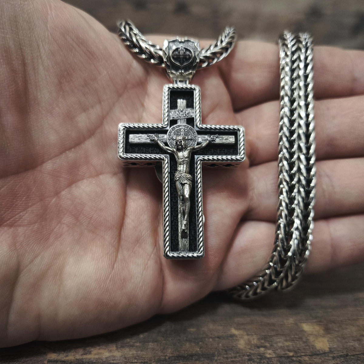 Personalized Saint Benedict Crucifix Necklace Archangel Saint Michael : Sterling Silver & Ebony Wood