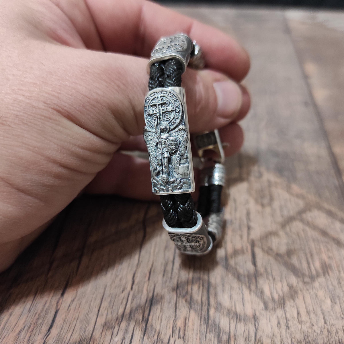 Silver Archangel Saint Michael Bracelet: St. Benedict Exorcism Cross Medal