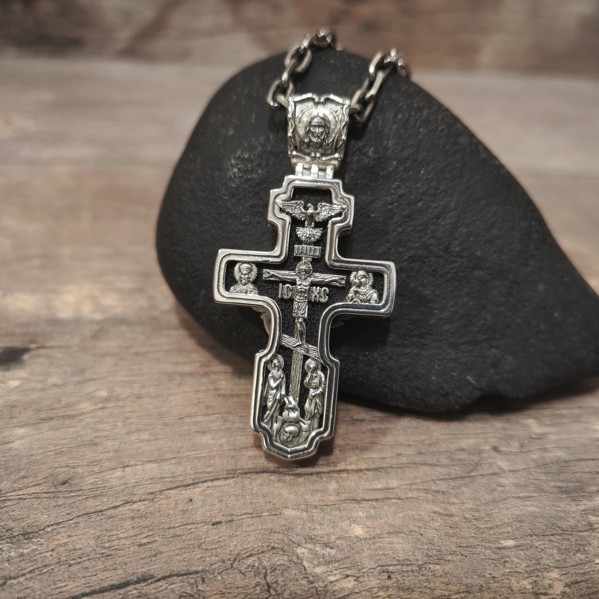 Sterling Silver Orthodox Crucifix Necklace Archangel Saint Michael & Ebony Wood - Religious Pendant