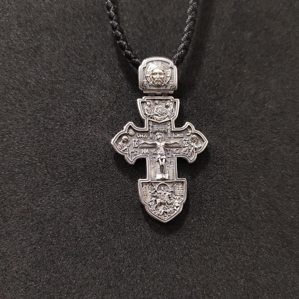 Orthodox Crucifix: Sterling Silver Jesus Cross Pendant with Silk Cord