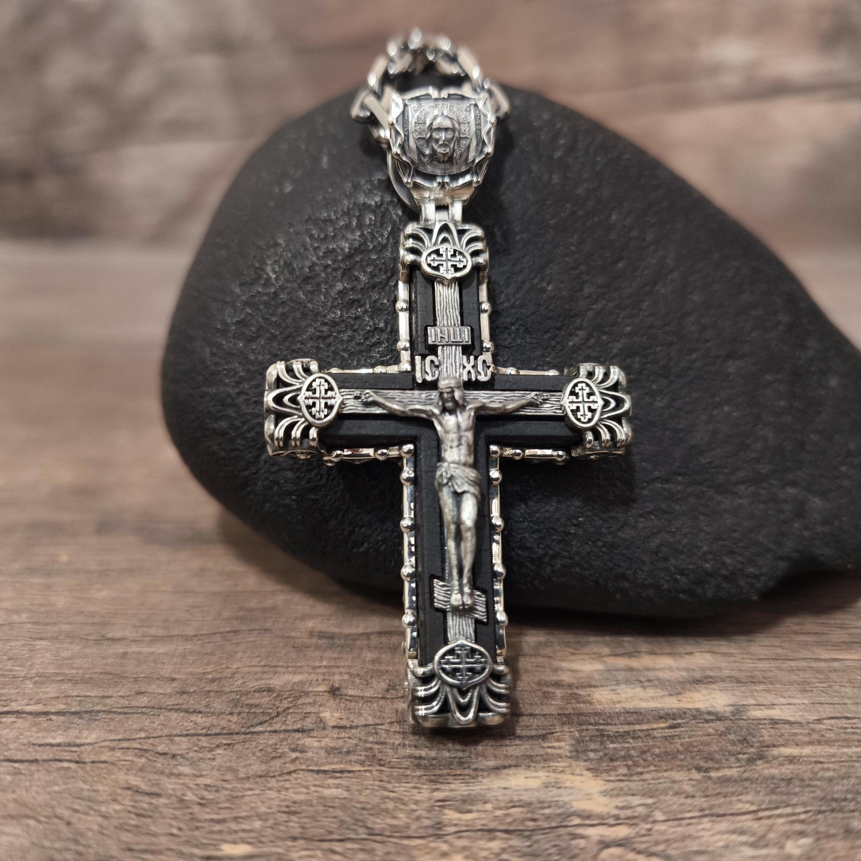 Sterling Silver Orthodox Crucifix Necklace & Ebony Wood - Religious Pendant