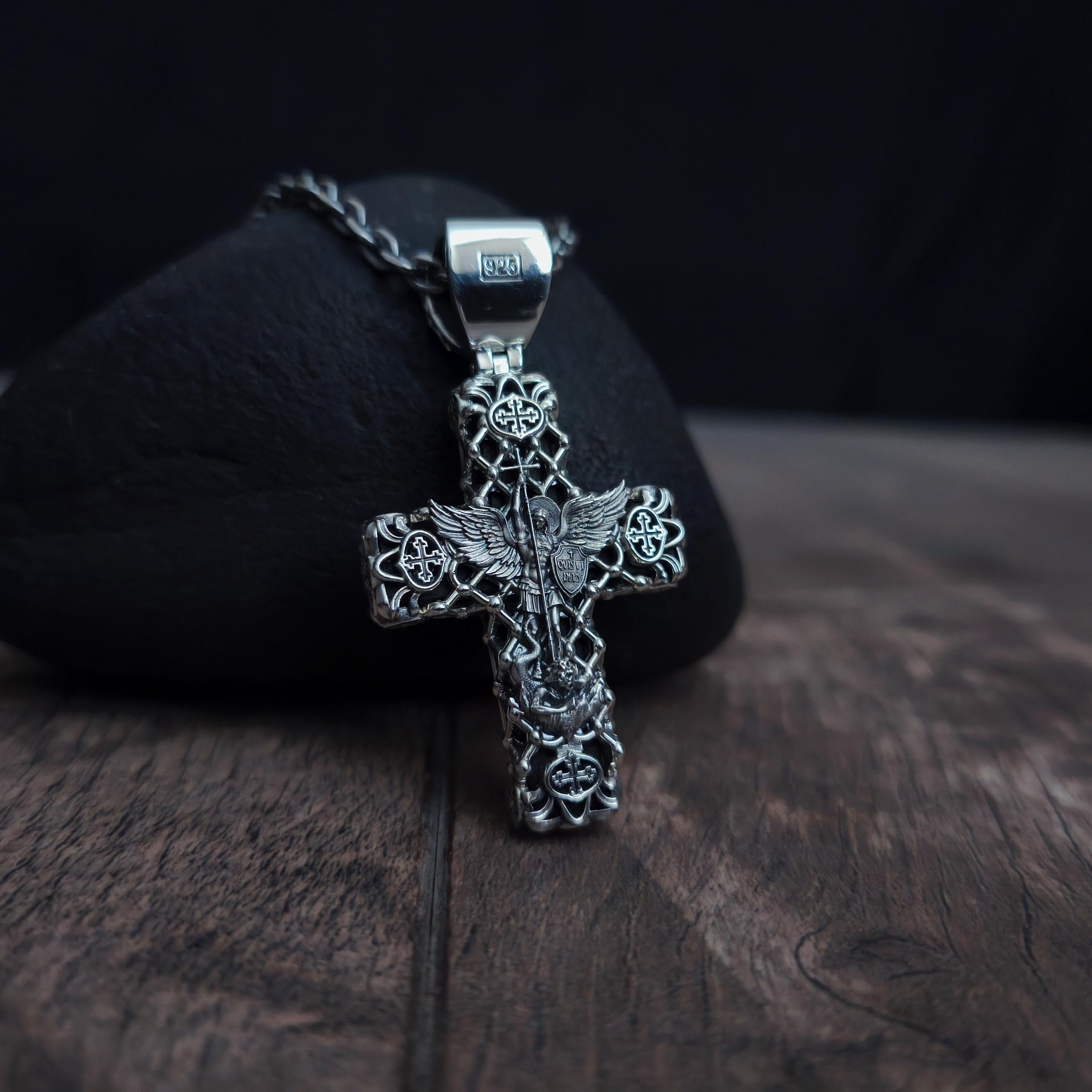 Sterling Silver Crucifix Archangel Michael Necklace & Ebony Wood - Religious Pendant