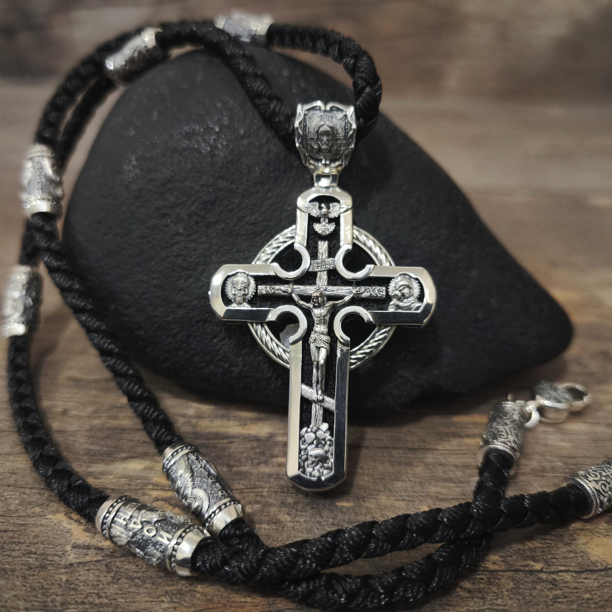 Sterling Silver Orthodox Crucifix Necklace: Jesus Cross Pendant, Ebony Wood