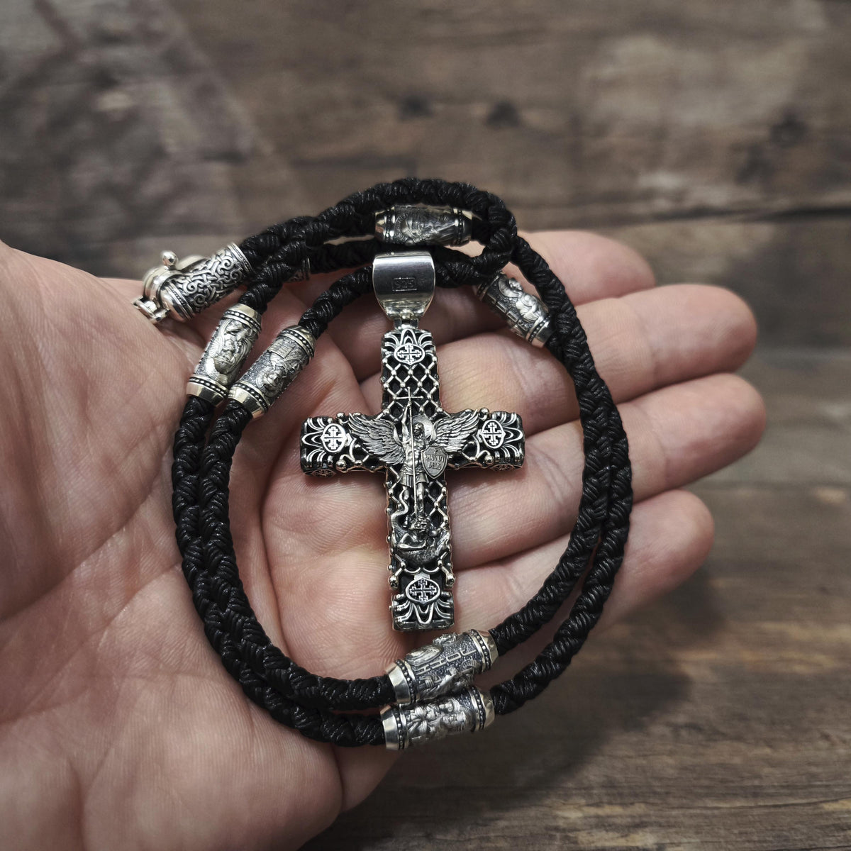 Sterling Silver Crucifix Archangel Michael Necklace & Ebony Wood - Religious Pendant