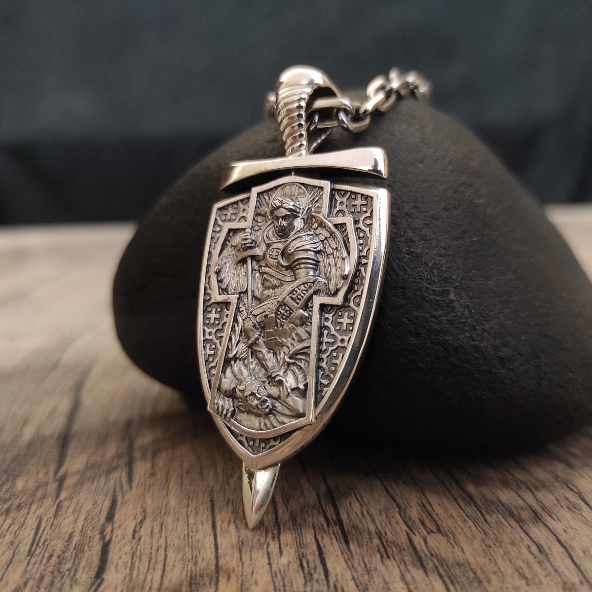 Sterling Silver Archangel Michael Shield Pendant: Religious Necklace Gift