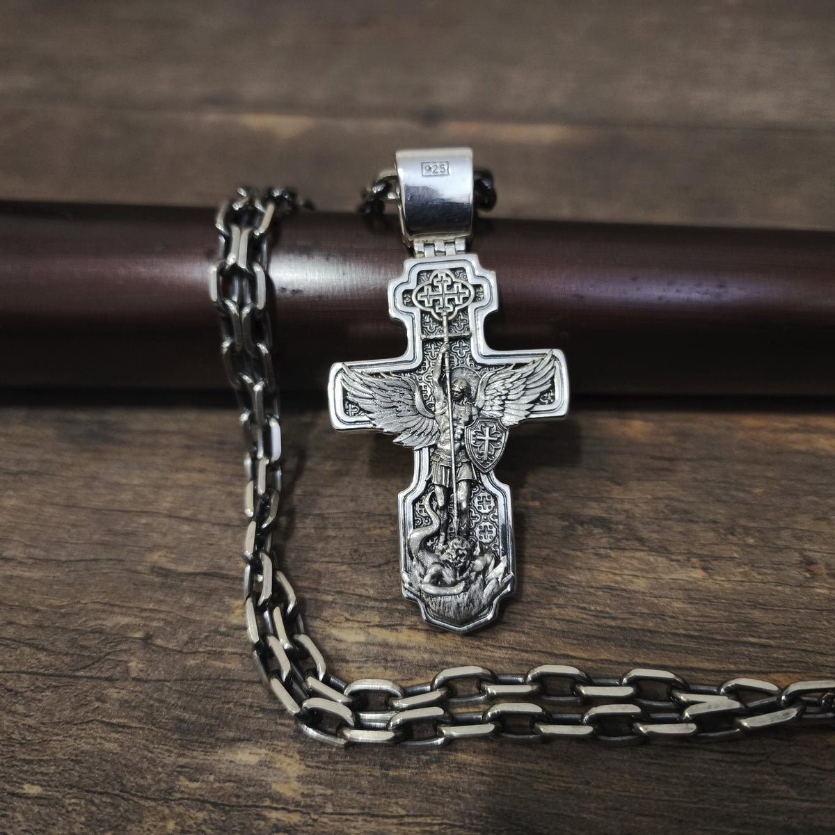 Sterling Silver Orthodox Crucifix Necklace Archangel Saint Michael - Religious Pendant