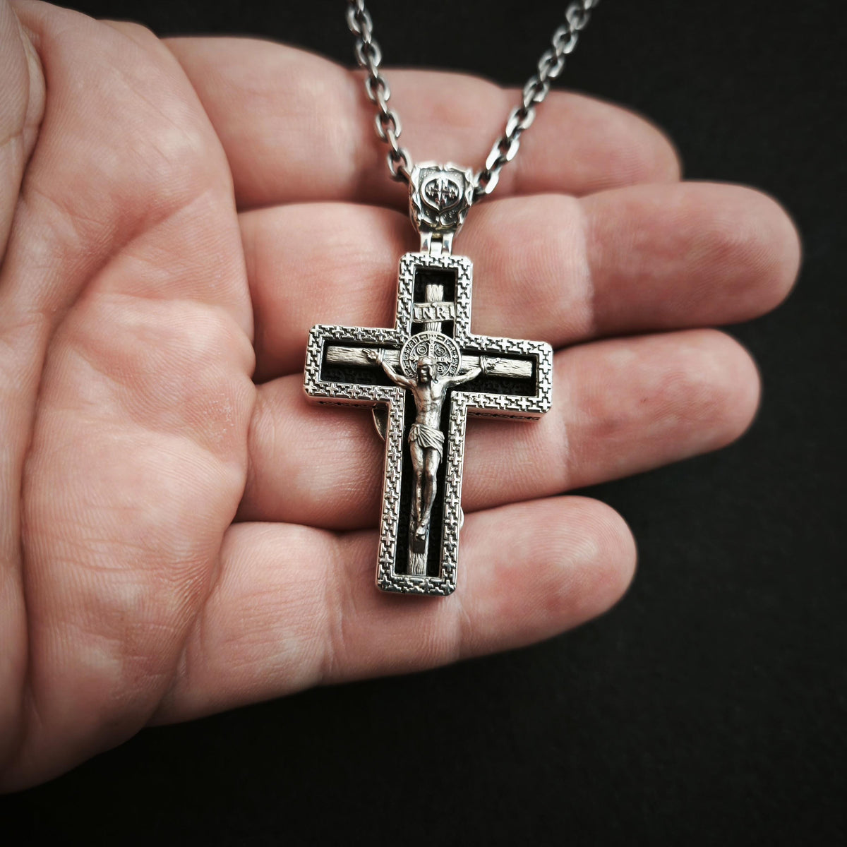 Personalized Saint Benedict Crucifix Necklace Archangel Saint Michael : Sterling Silver & Ebony Wood