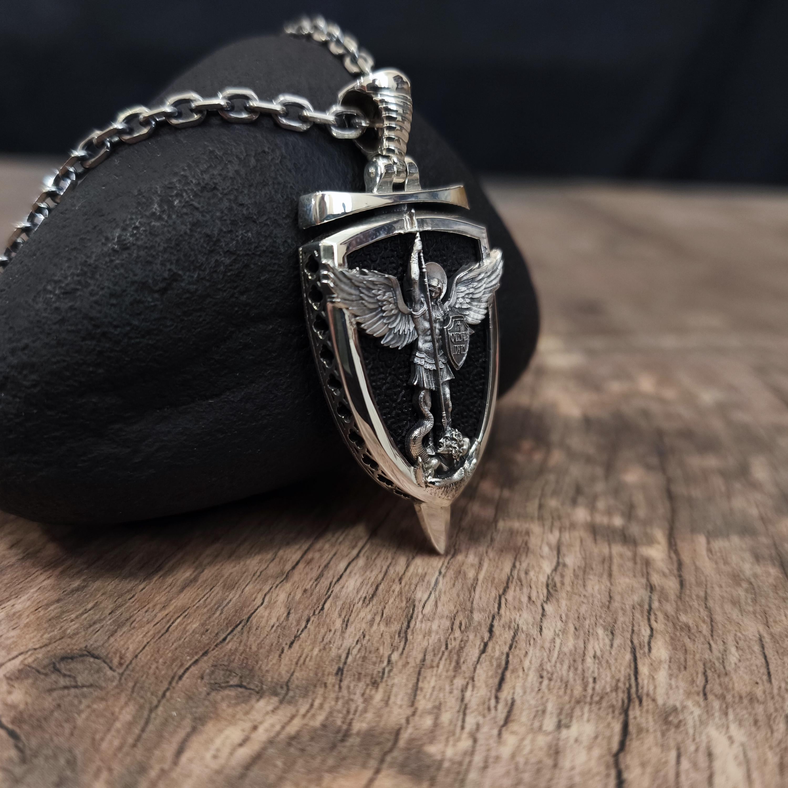 Personalized Sterling Silver Archangel Michael Shield Necklace - Ebony Wood Pendant