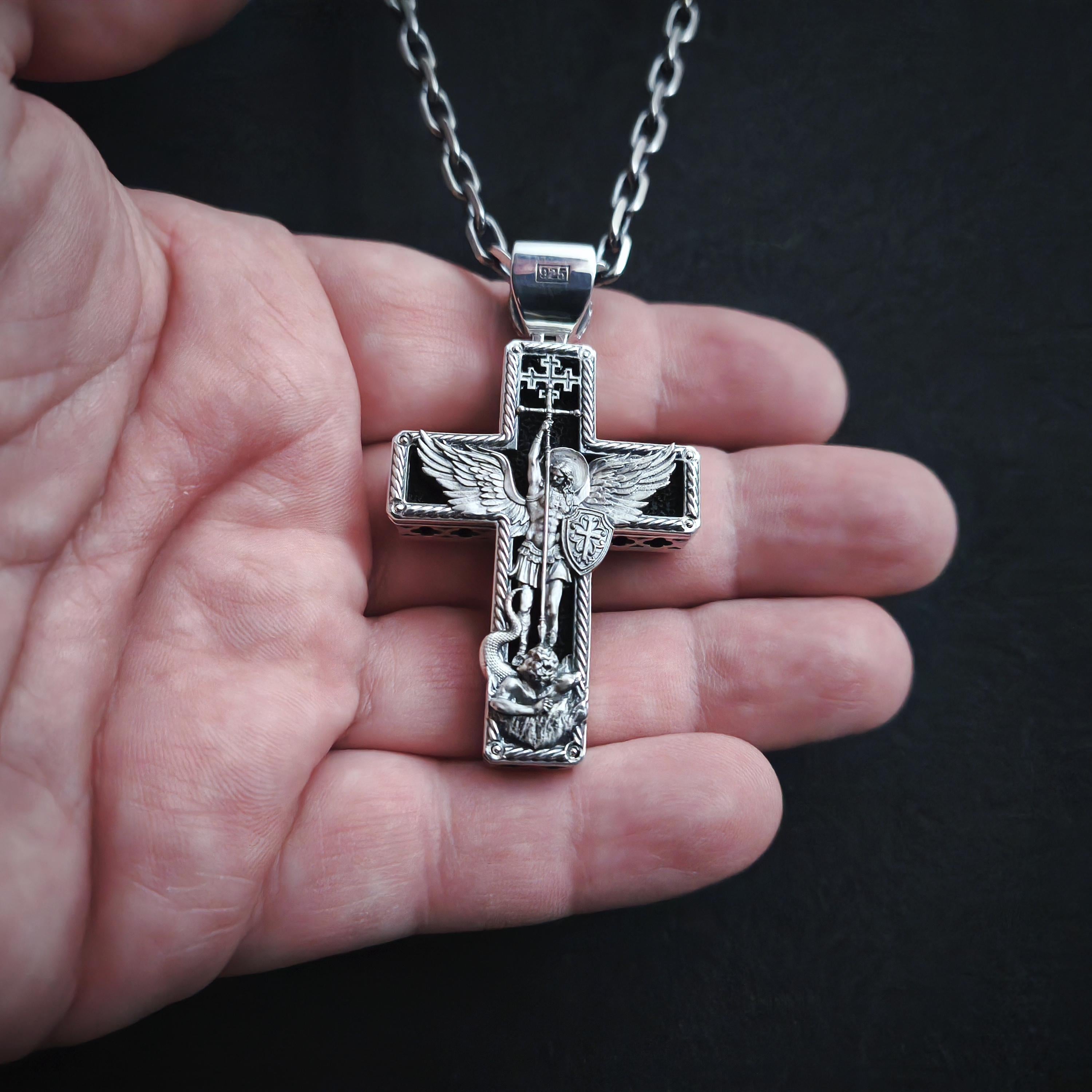 Personalized Saint Benedict Crucifix Necklace Archangel Saint Michael : Sterling Silver & Ebony Wood