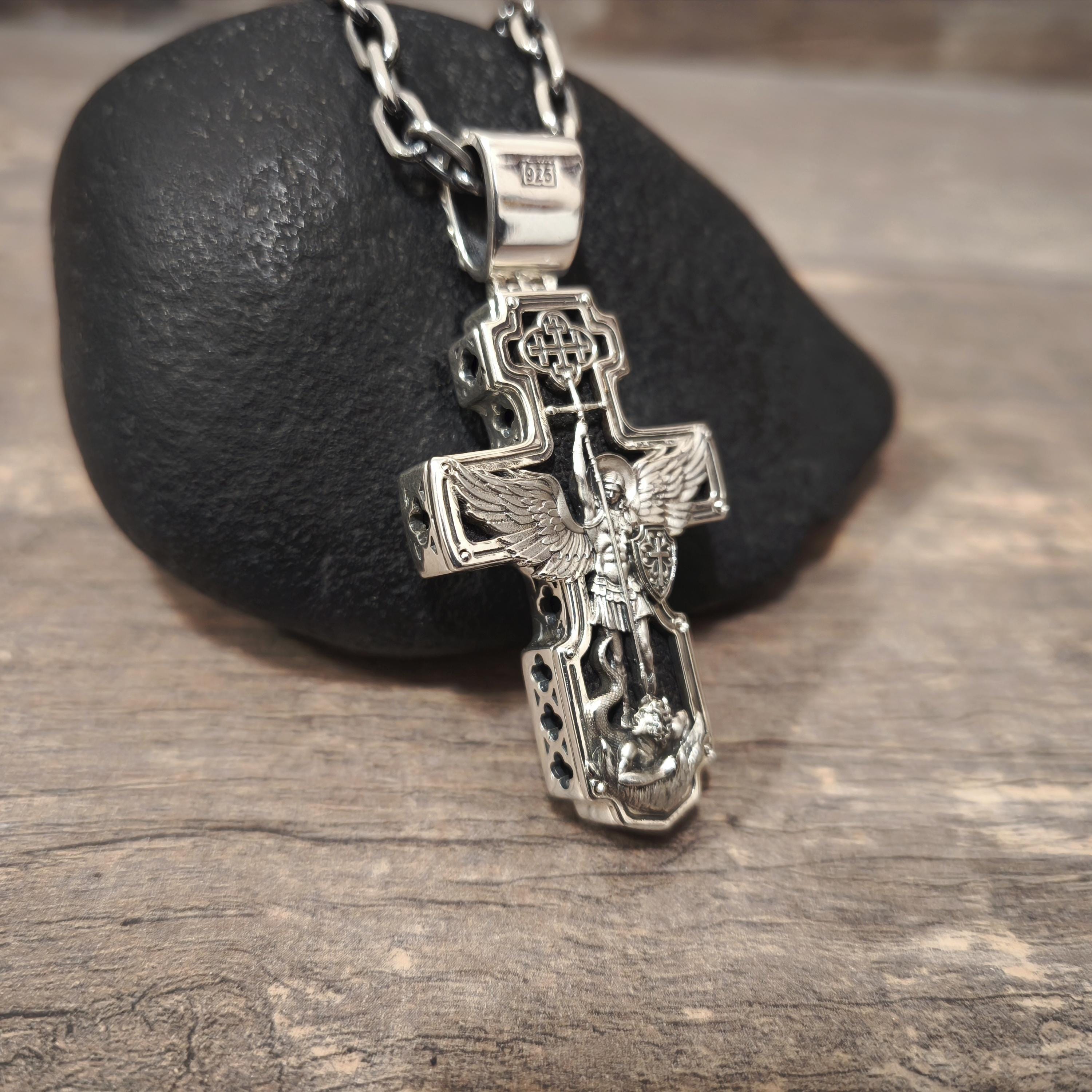 Personalized Saint Benedict Crucifix Necklace Archangel Saint Michael : Sterling Silver & Ebony Wood