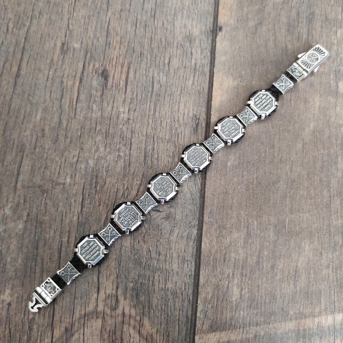 Christian Silver Saints Bracelet: Our Father Prayer, Silk Cord