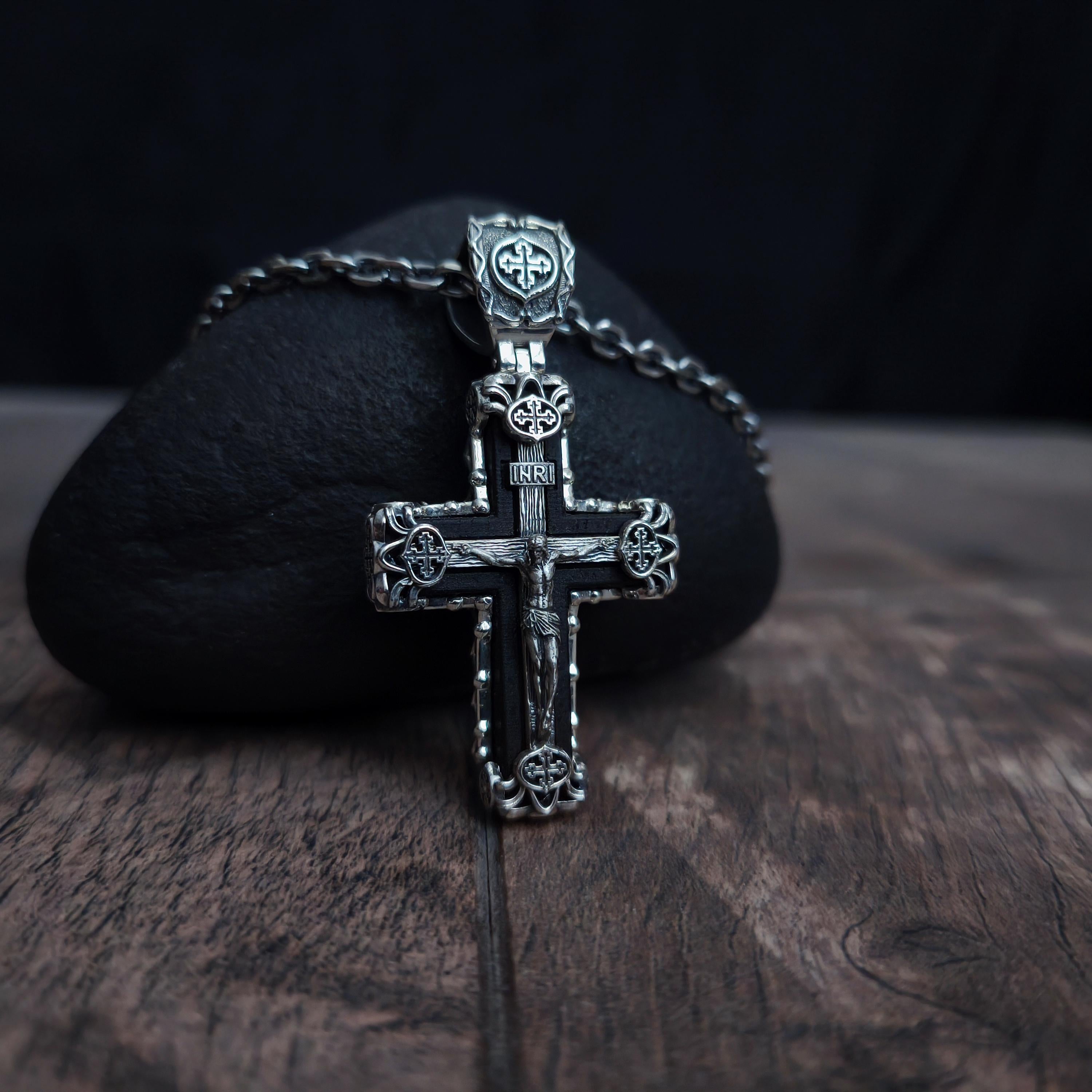 Sterling Silver Crucifix Archangel Michael Necklace & Ebony Wood - Religious Pendant