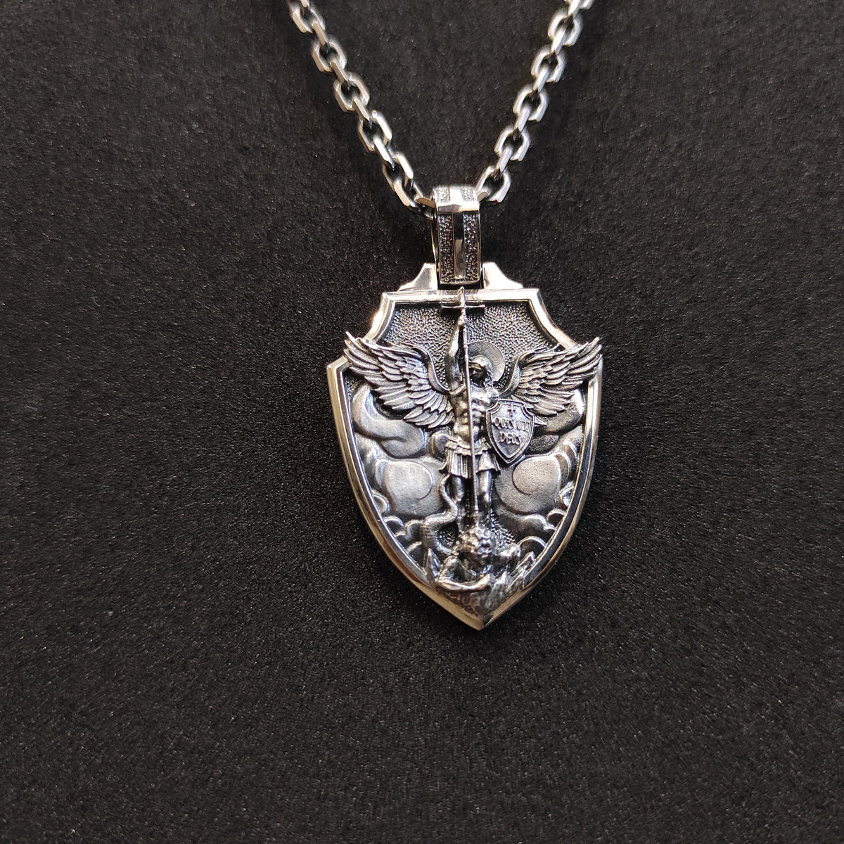 Sterling Silver Archangel Saint Michael Shield Pendant - Religious Necklace