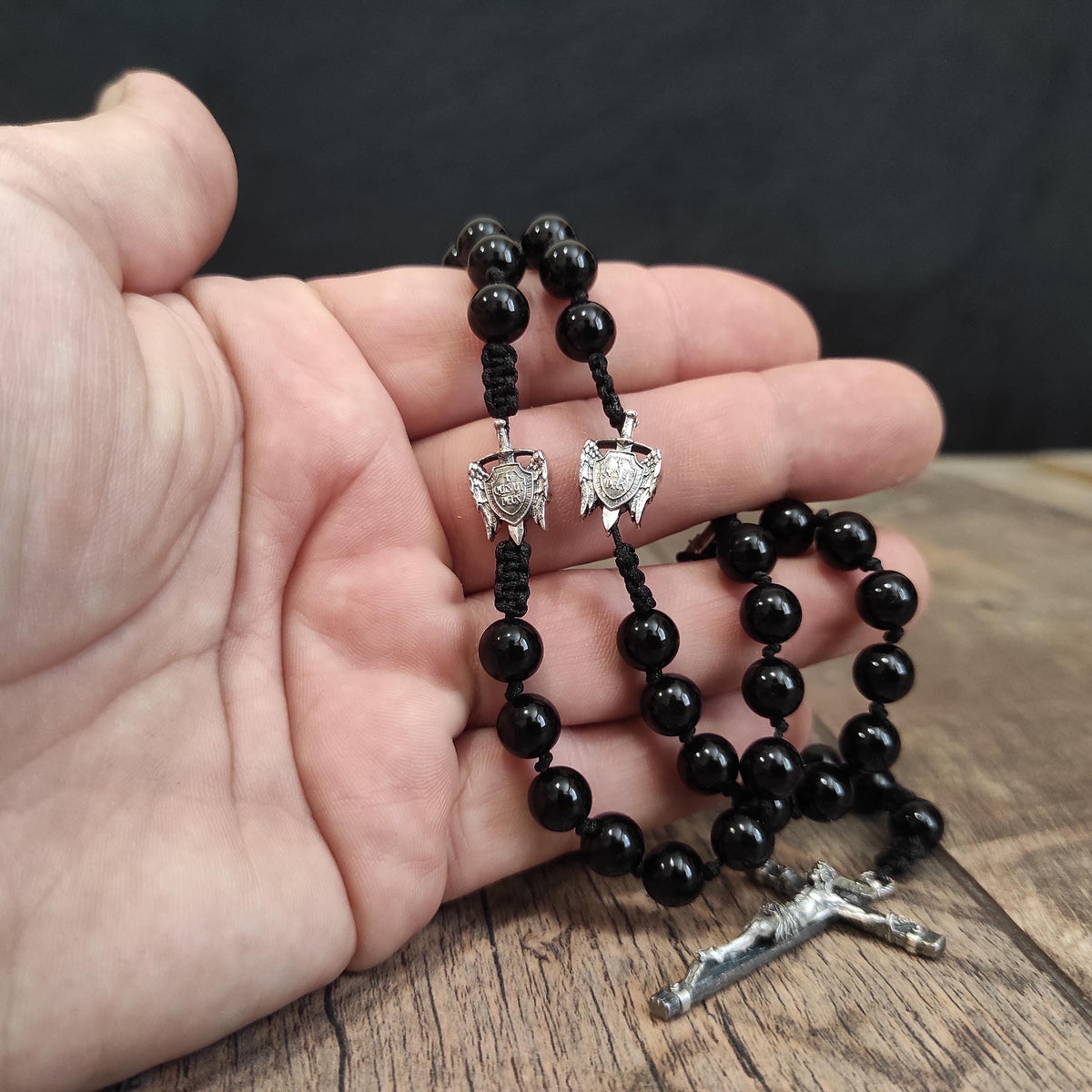 Handmade Sterling Silver St. Michael Rosary with Black Agate Beads