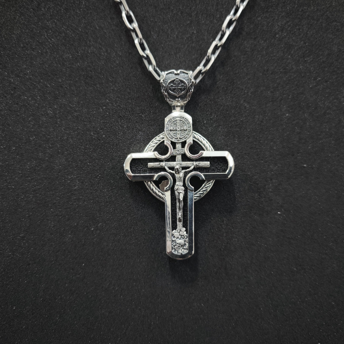 Personalized Saint Benedict Crucifix Necklace Archangel Saint Michael : Sterling Silver & Ebony Wood