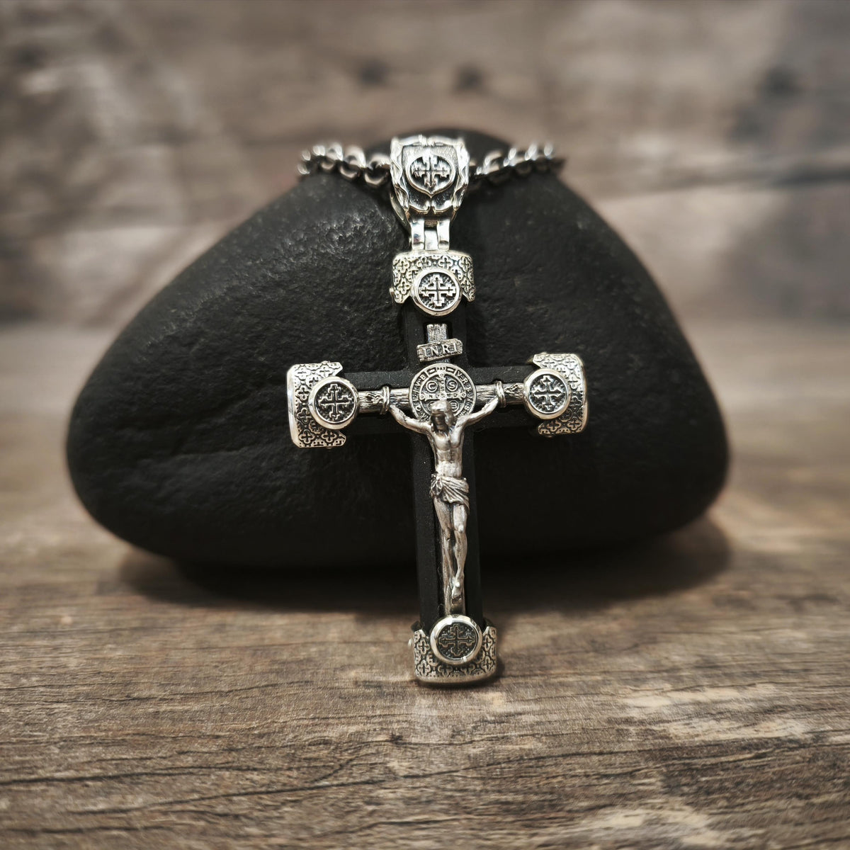 Sterling Silver Crucifix  Necklace & Ebony Wood - Religious Pendant
