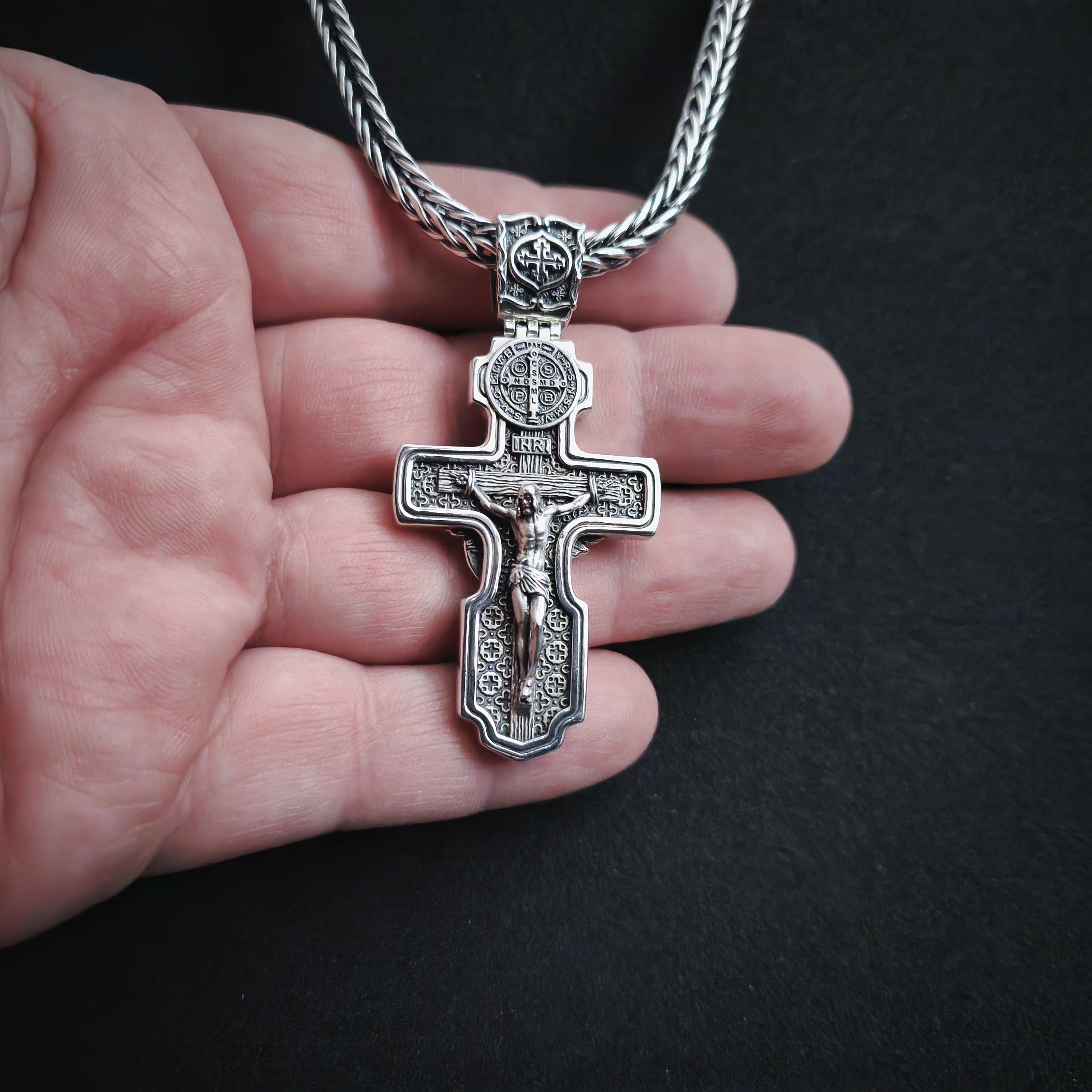 Personalized Saint Benedict Crucifix Necklace Archangel Saint Michael: Sterling Silver