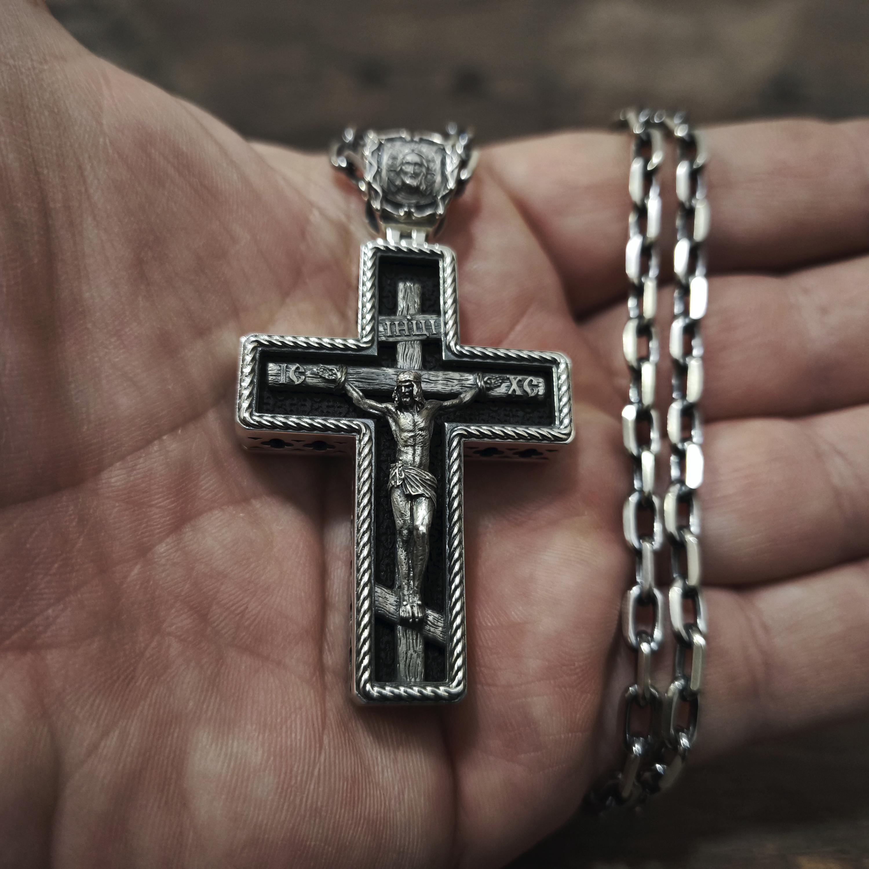 Sterling Silver Orthodox Crucifix Necklace Archangel Saint Michael & Ebony Wood - Religious Pendant