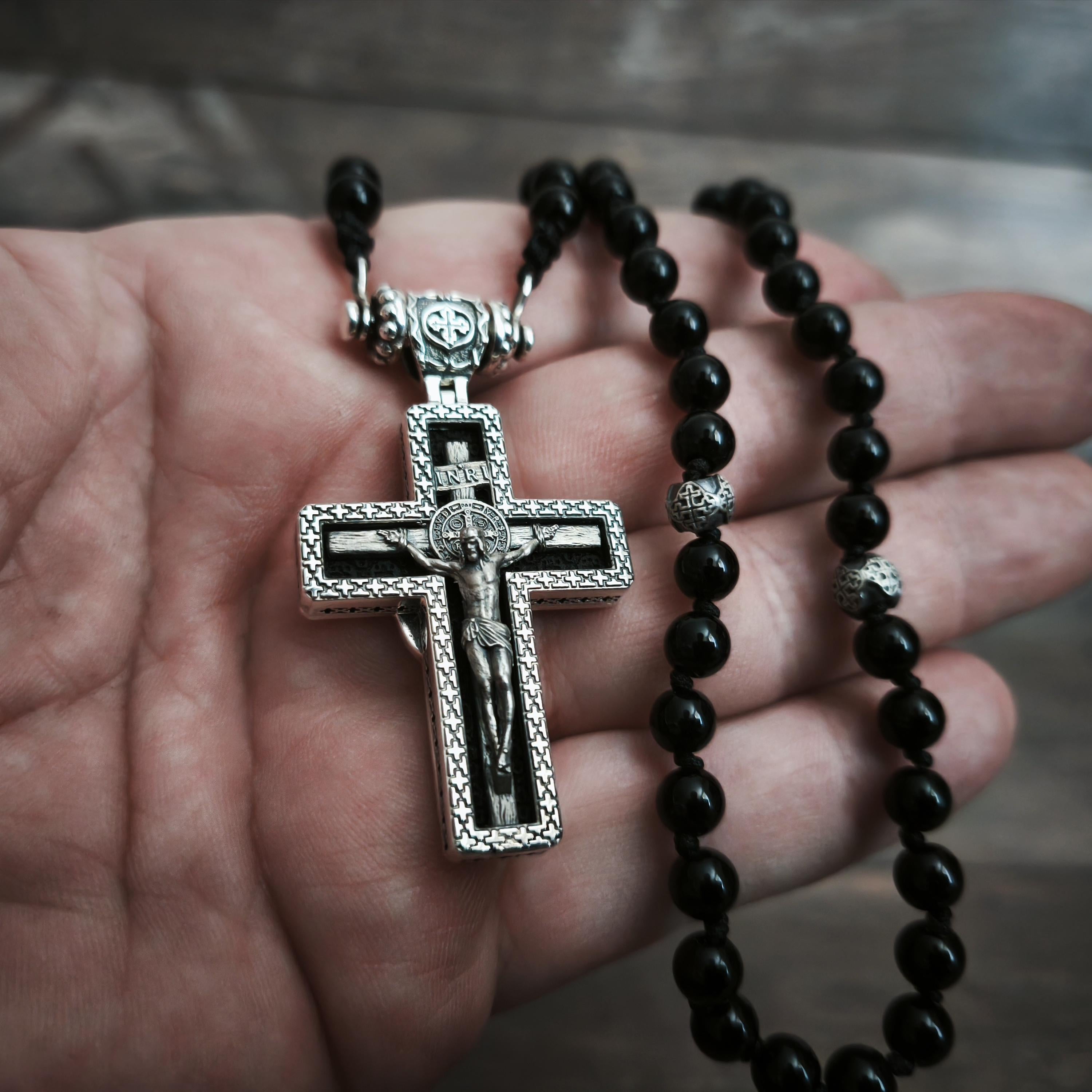 Personalized Saint Benedict Crucifix Necklace Archangel Saint Michael : Sterling Silver & Ebony Wood