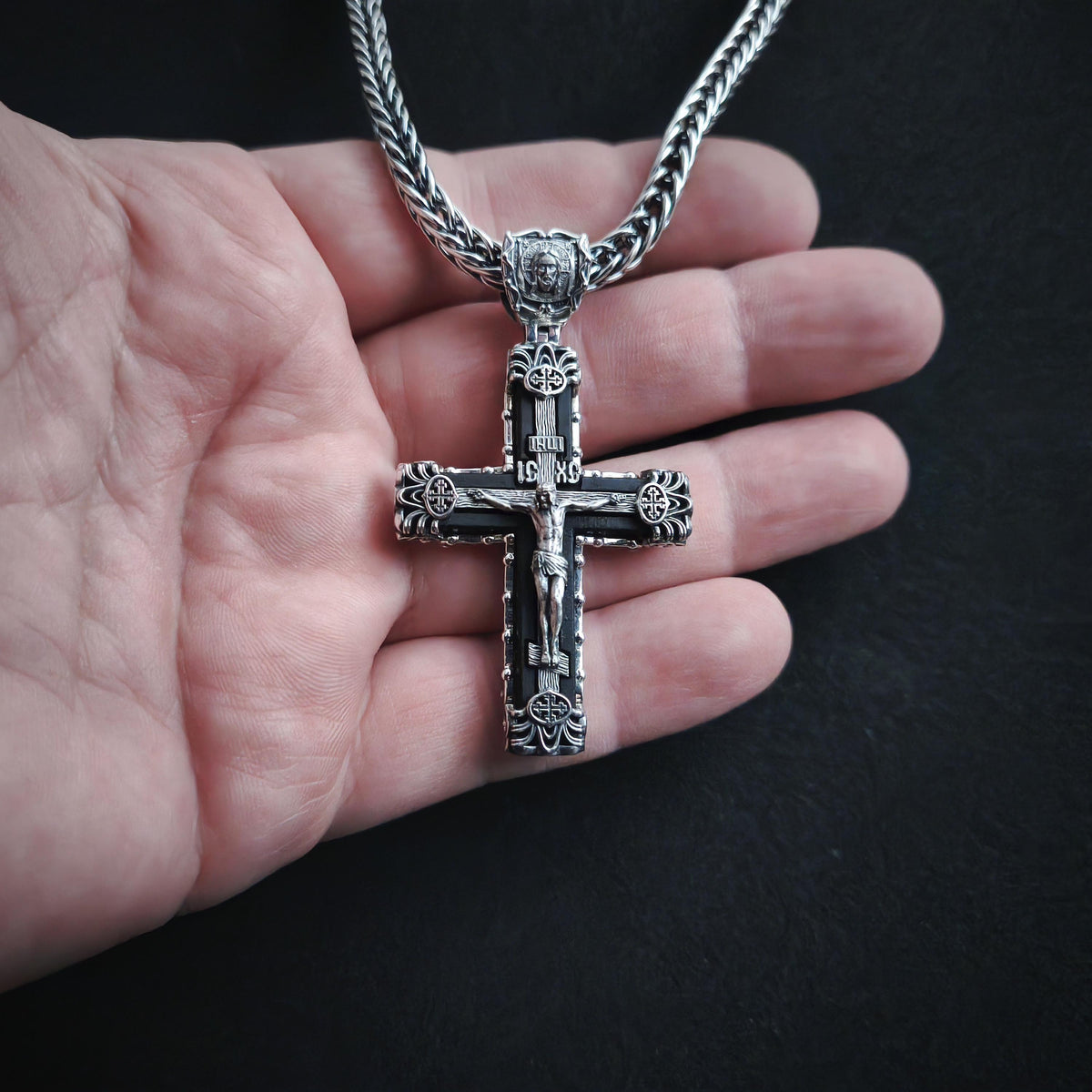 Sterling Silver Orthodox Crucifix Necklace & Ebony Wood - Religious Pendant
