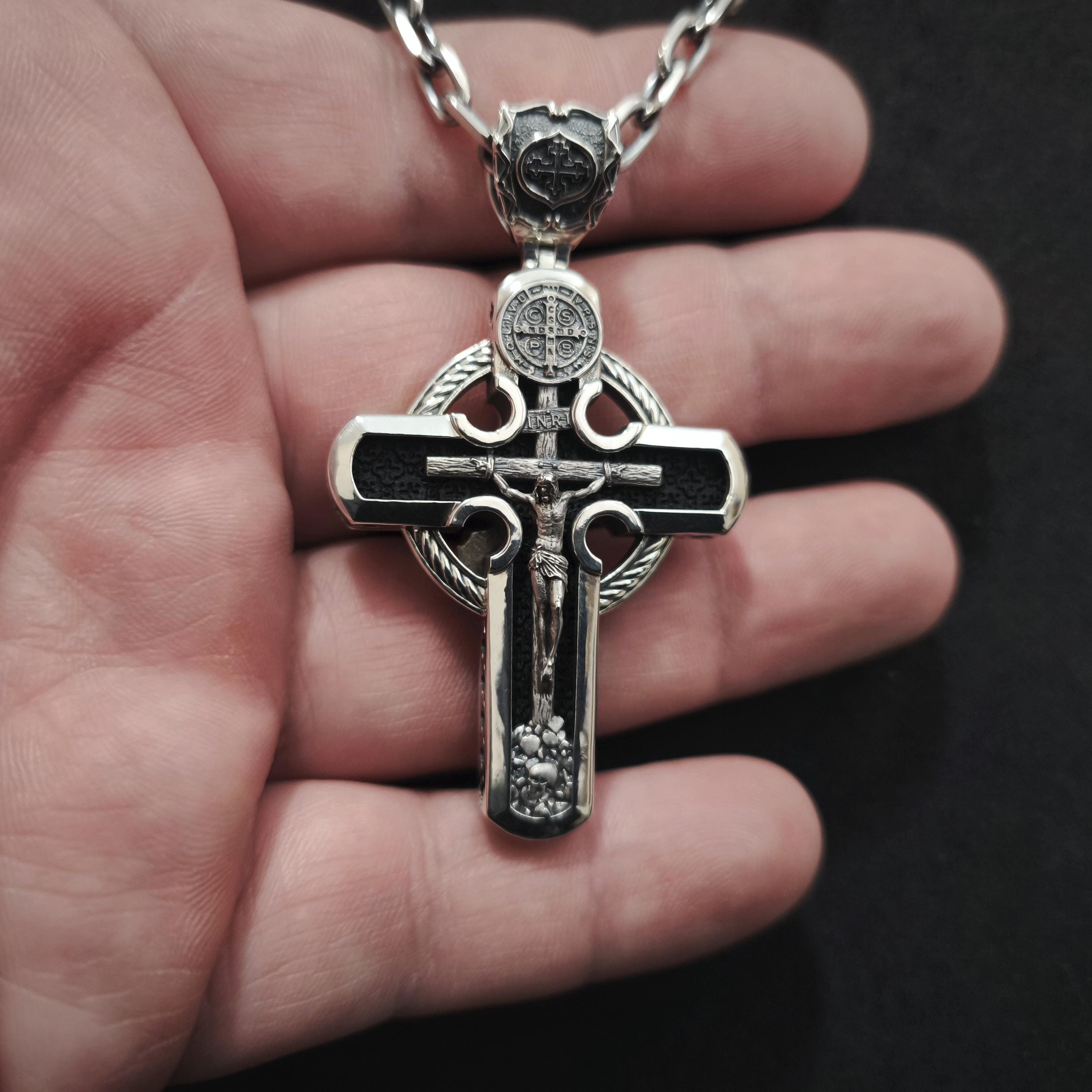 Personalized Saint Benedict Crucifix Necklace Archangel Saint Michael : Sterling Silver & Ebony Wood