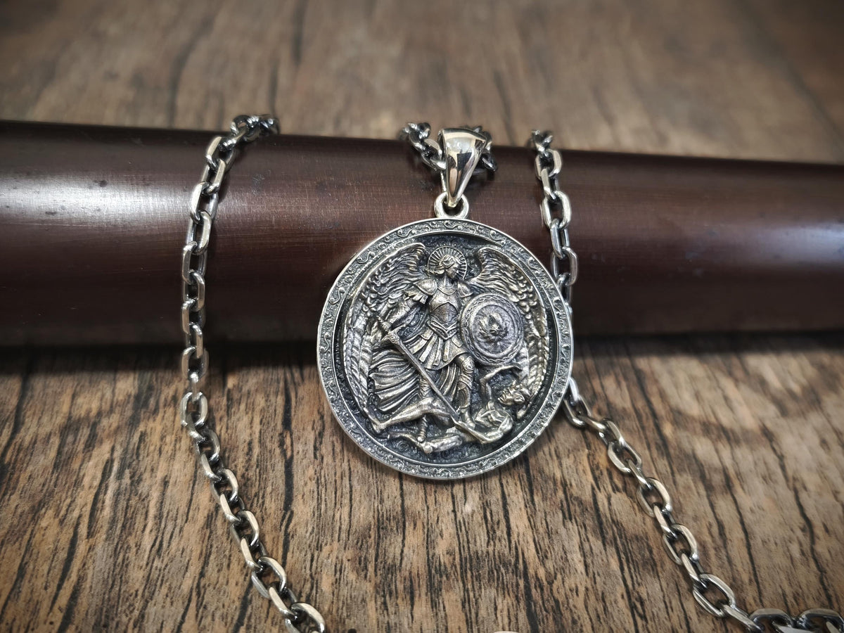 Personalized Sterling Silver Archangel Michael Shield Necklace - Religious Gift
