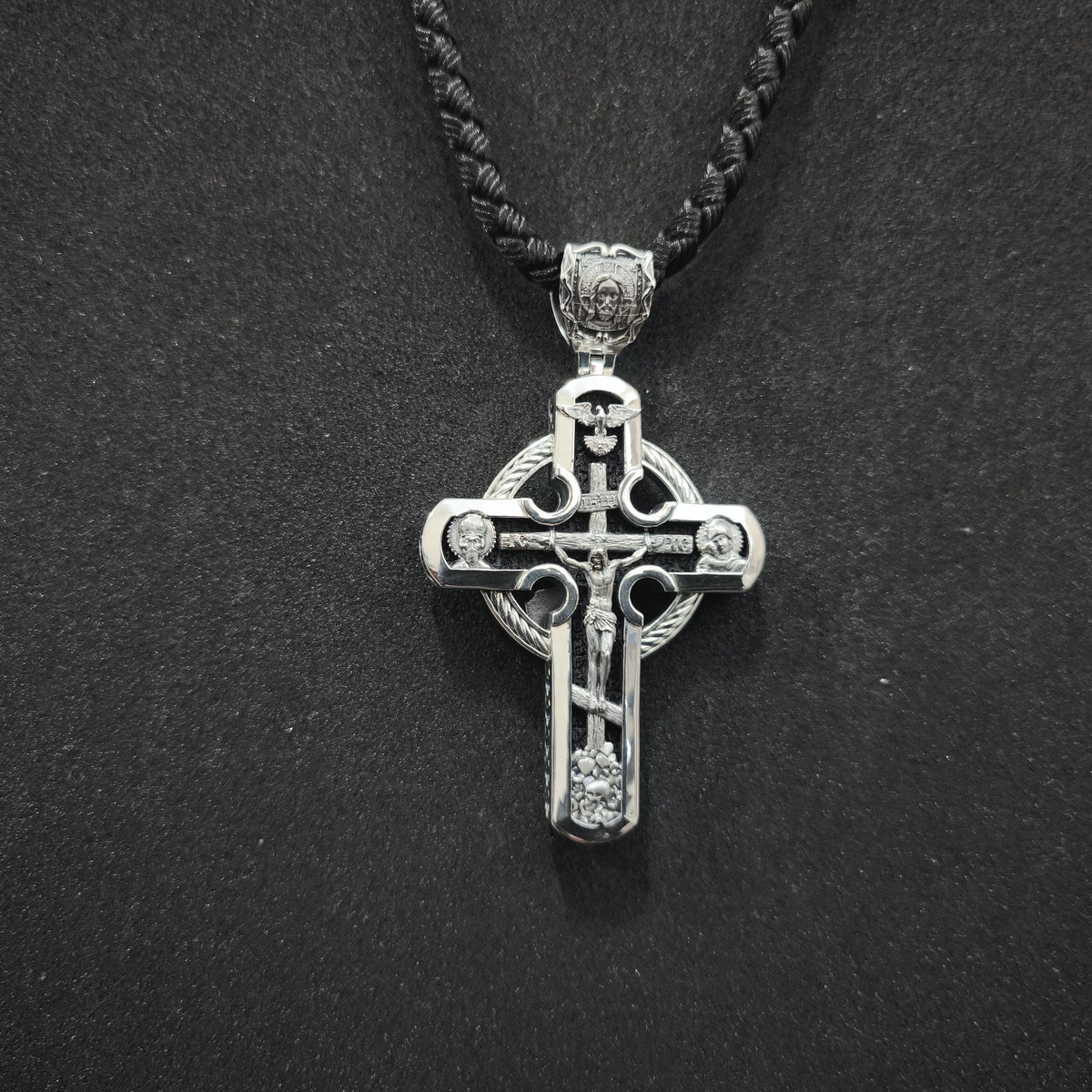 Sterling Silver Orthodox Crucifix Necklace: Jesus Cross Pendant, Ebony Wood