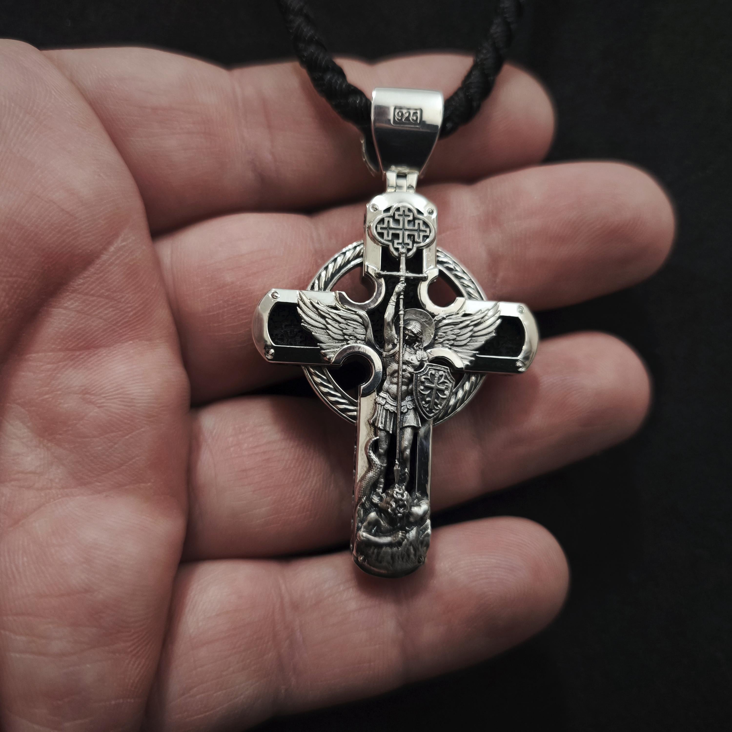 Sterling Silver Orthodox Crucifix Necklace: Jesus Cross Pendant, Ebony Wood