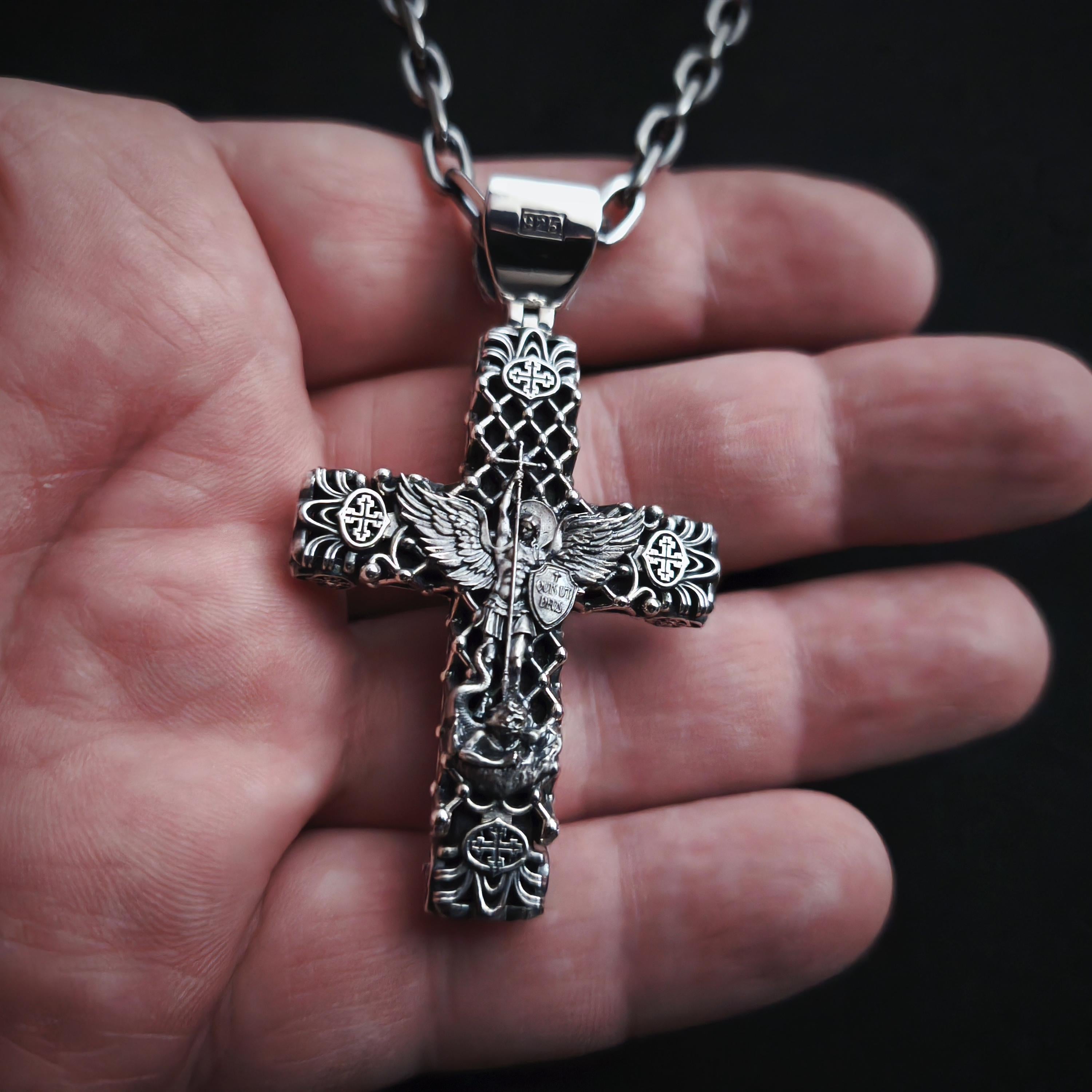 Sterling Silver Crucifix Archangel Michael Necklace & Ebony Wood - Religious Pendant