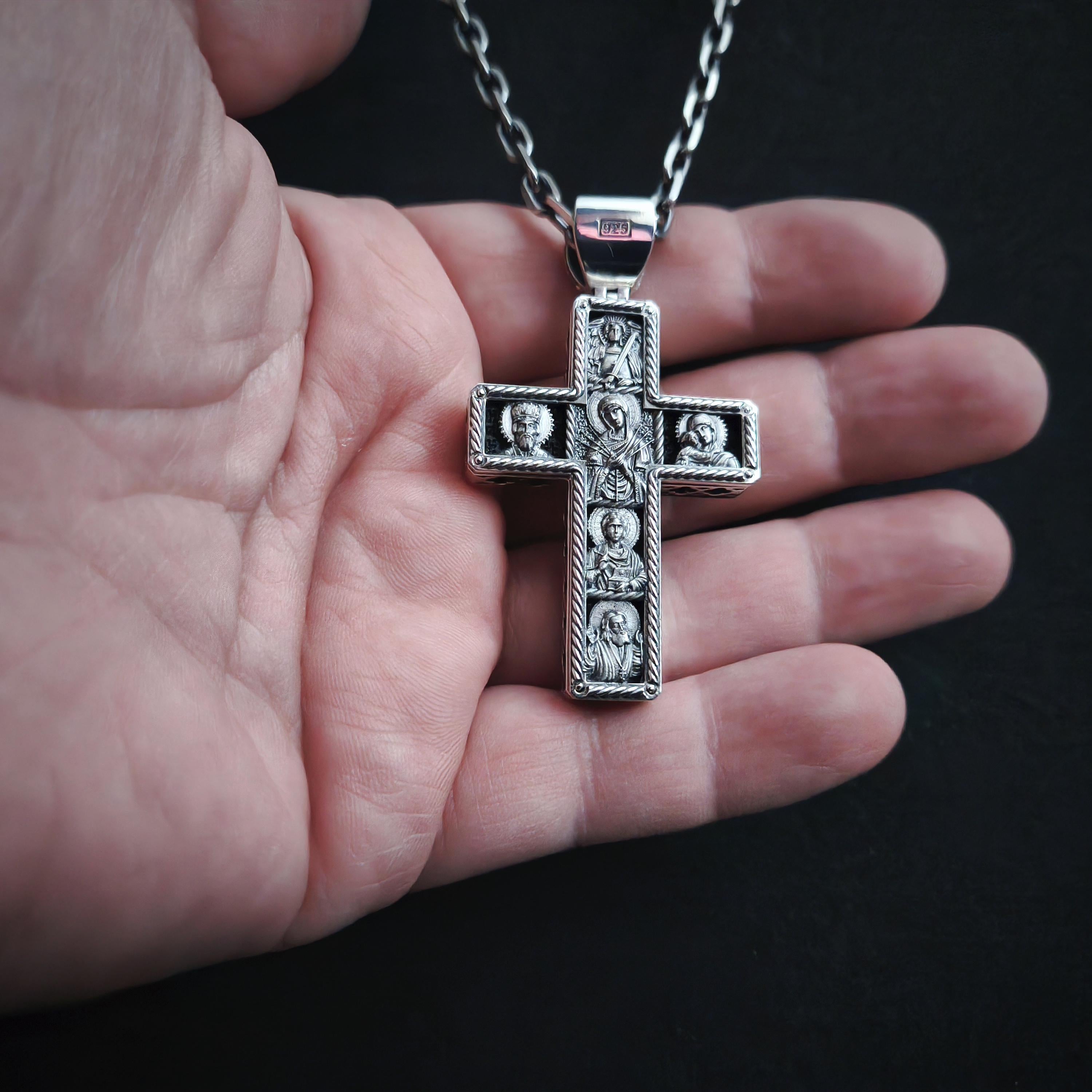 Sterling Silver Orthodox Crucifix Necklace Archangel Saint Michael & Ebony Wood - Religious Pendant
