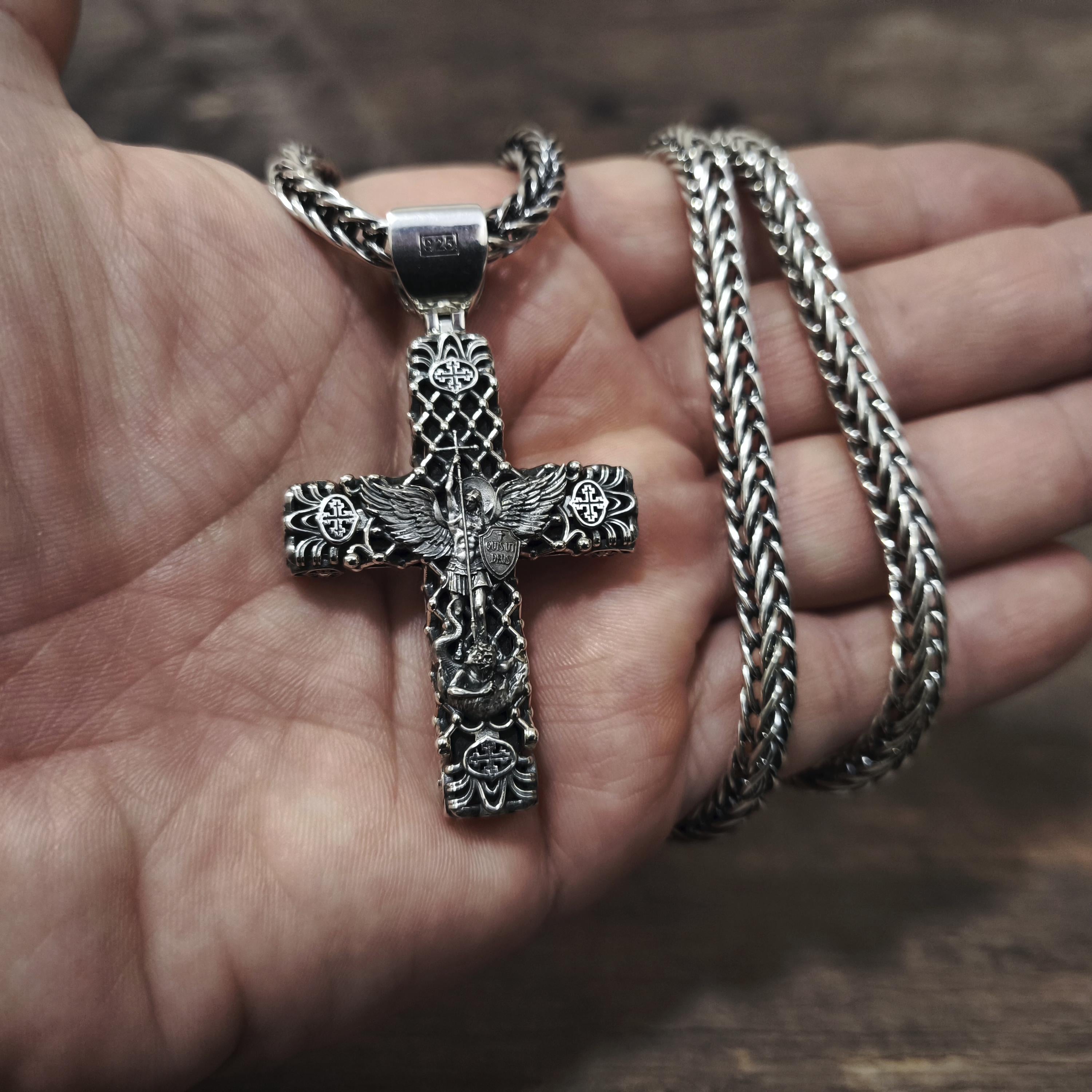 Sterling Silver Crucifix Archangel Michael Necklace & Ebony Wood - Religious Pendant