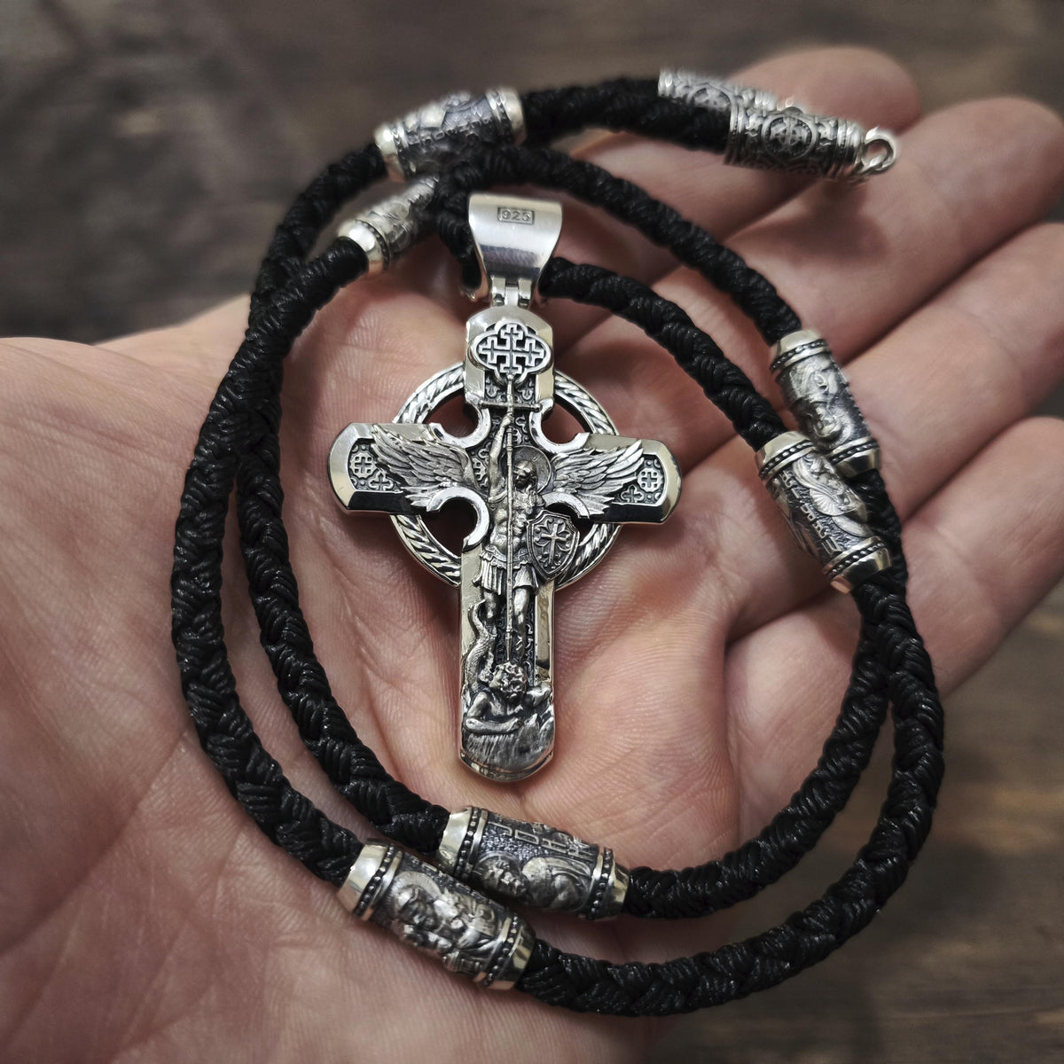Personalized Jesus Cross Saint Benedict Crucifix Necklace Archangel Saint Michael : Sterling Silver