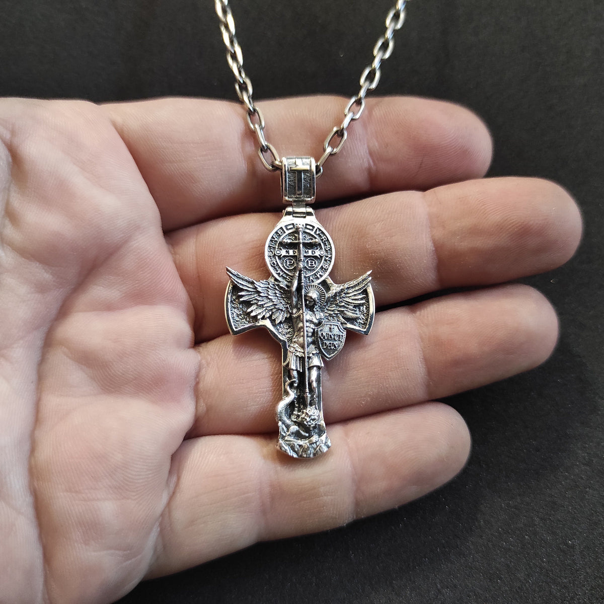 Sterling Silver Archangel Michael Necklace: Handmade St. Benedict Exorcism Cross