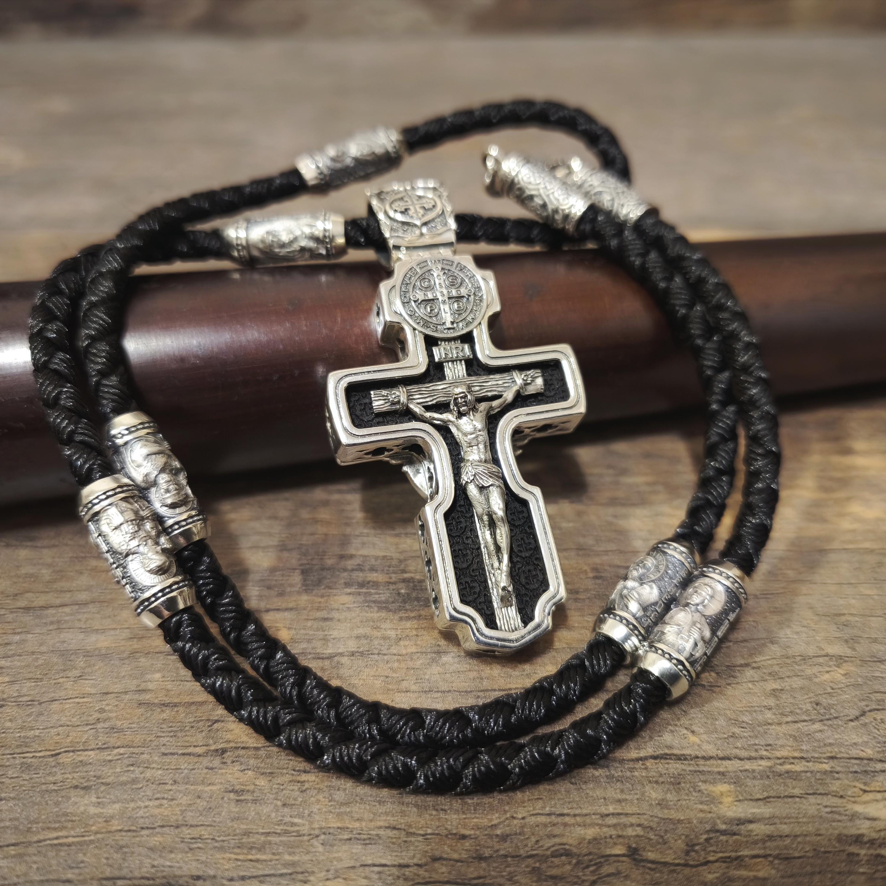 Personalized Jesus Cross Saint Benedict Crucifix Necklace Archangel Saint Michael : Sterling Silver & Ebony Wood