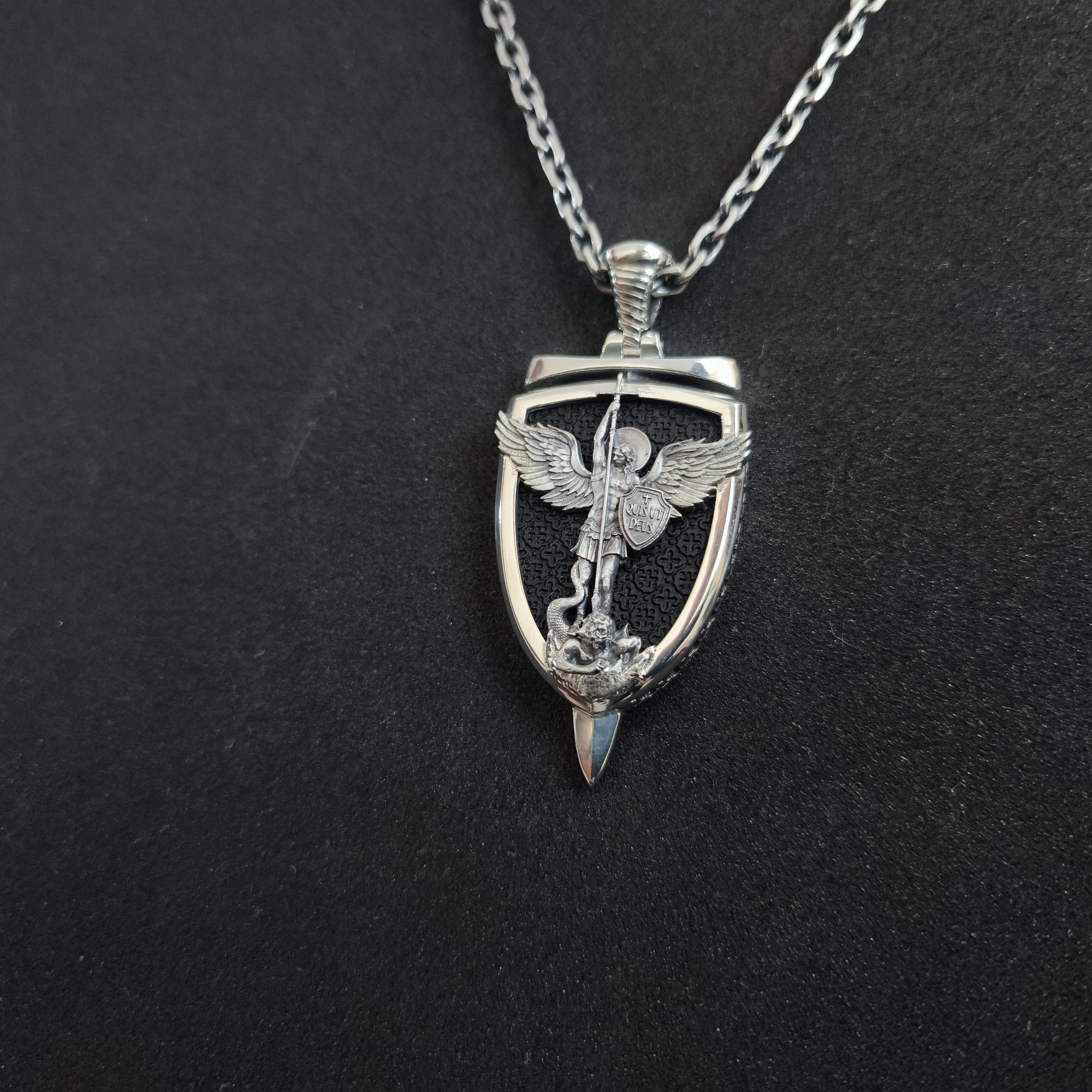 Personalized Sterling Silver Archangel Michael Shield Necklace - Ebony Wood Pendant