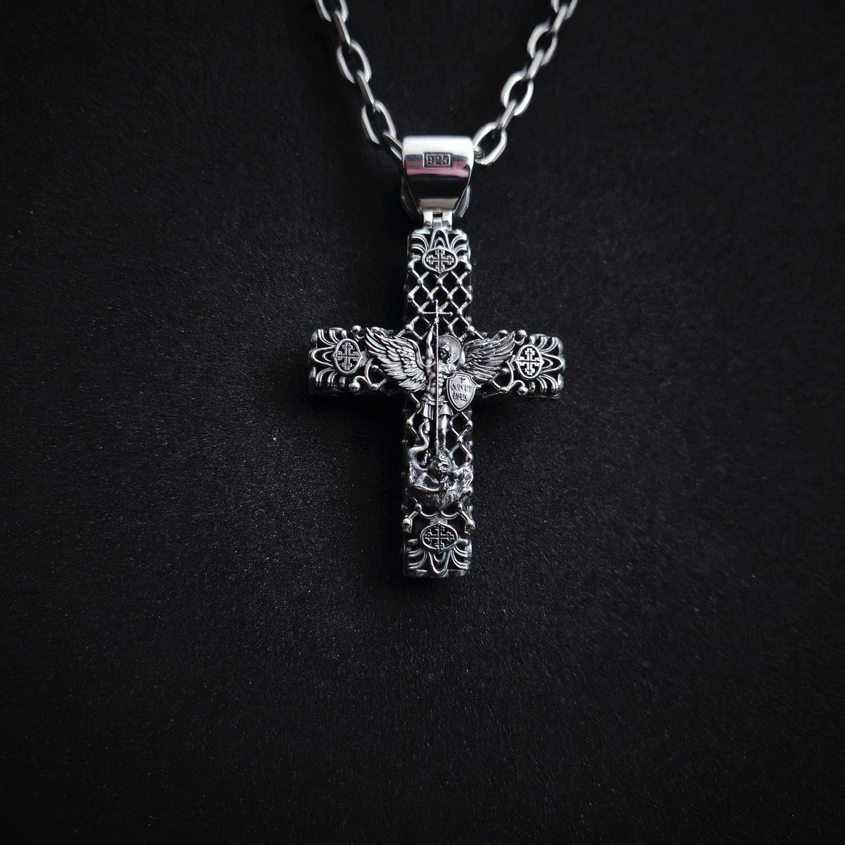 Sterling Silver Crucifix Archangel Michael Necklace & Ebony Wood - Religious Pendant