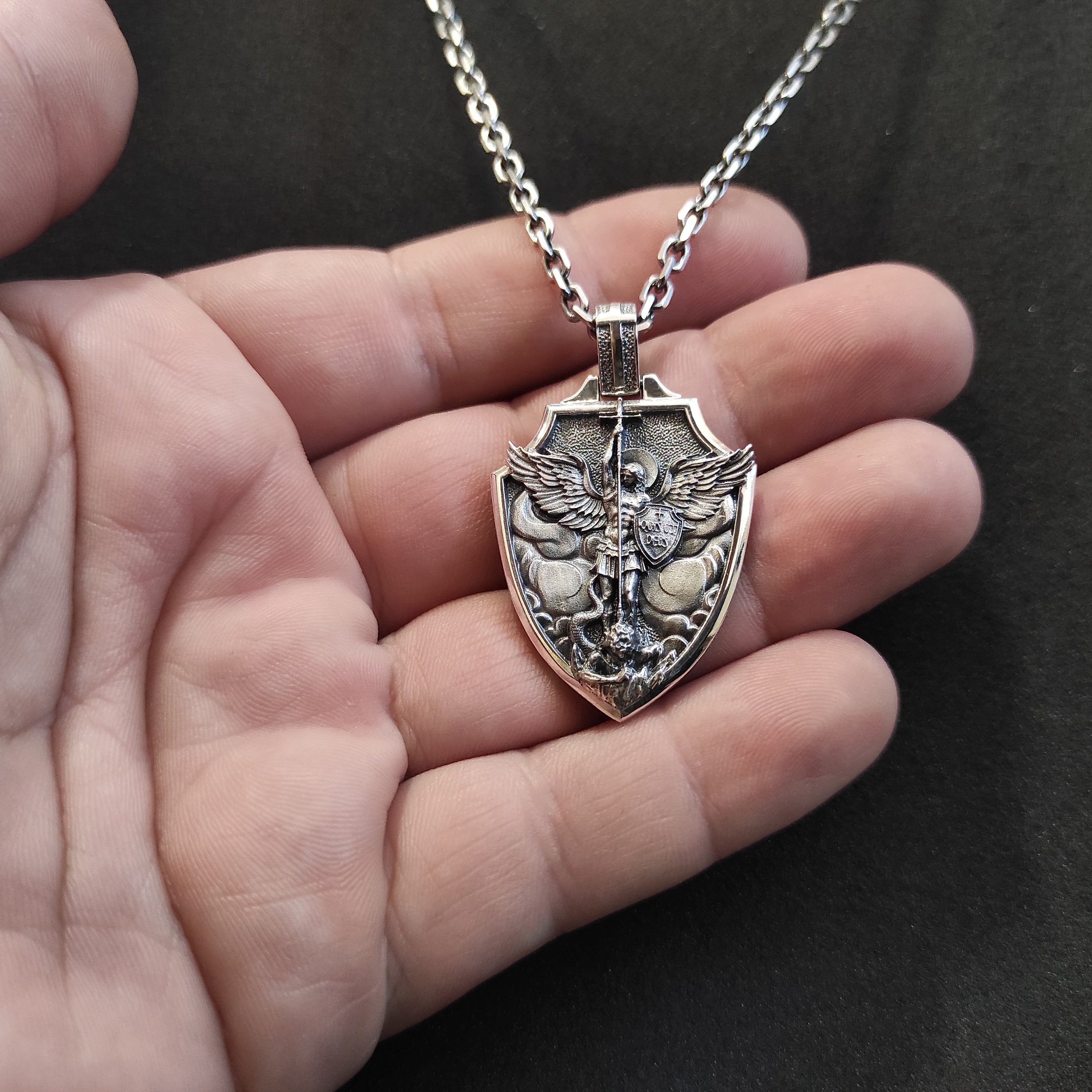 Sterling Silver Archangel Saint Michael Shield Pendant - Religious Necklace