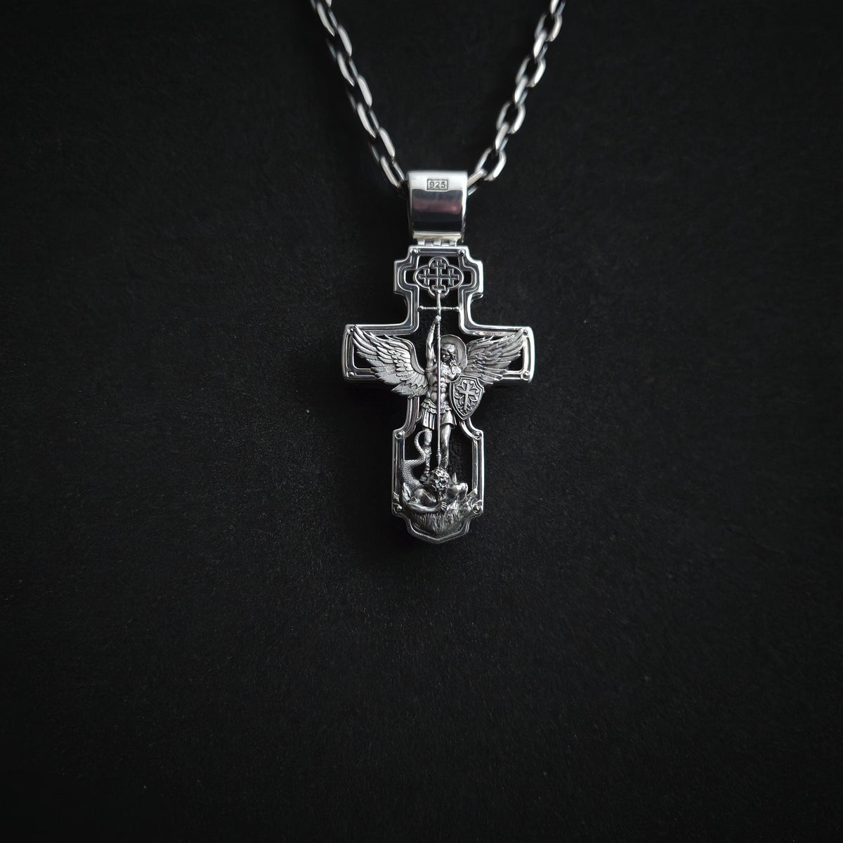 Personalized Saint Benedict Crucifix Necklace Archangel Saint Michael : Sterling Silver & Ebony Wood