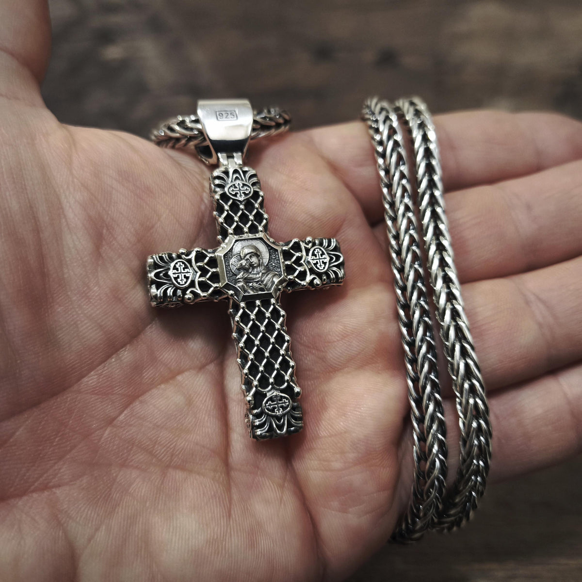 Sterling Silver Orthodox Crucifix Necklace & Ebony Wood - Religious Pendant