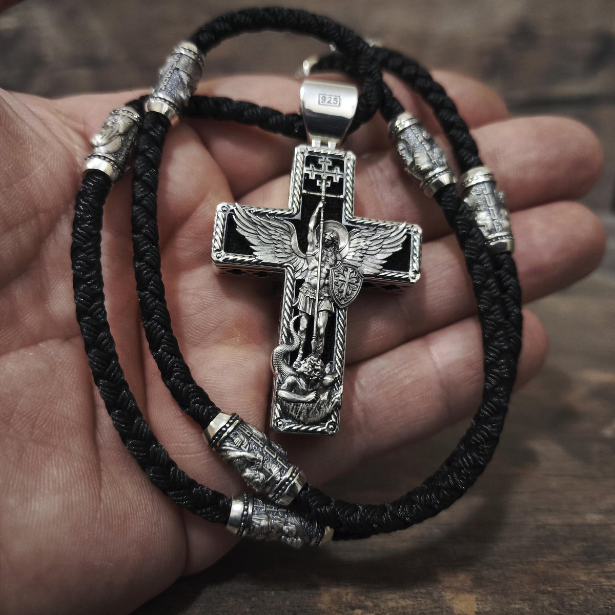 Personalized Jesus Cross Saint Benedict Crucifix Necklace Archangel Saint Michael : Sterling Silver & Ebony Wood