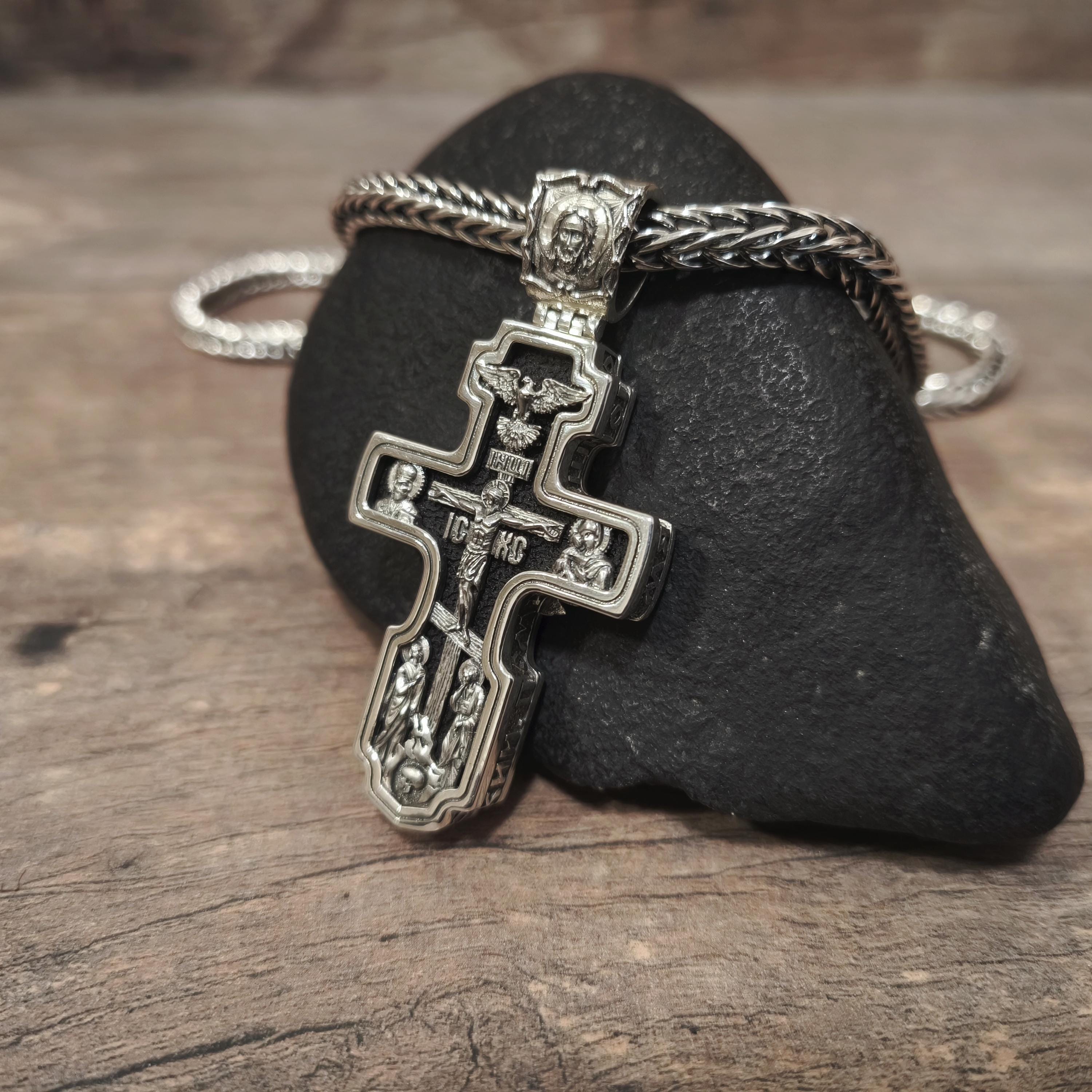 Sterling Silver Orthodox Cross Necklace - Archangel Michael, Ebony Wood