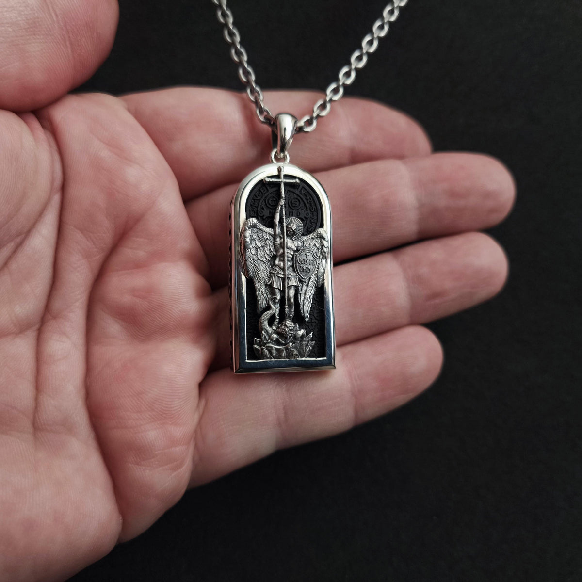 Sterling Silver Archangel Saint Michael Necklace: Handmade St. Benedict Exorcism & Ebony Wood