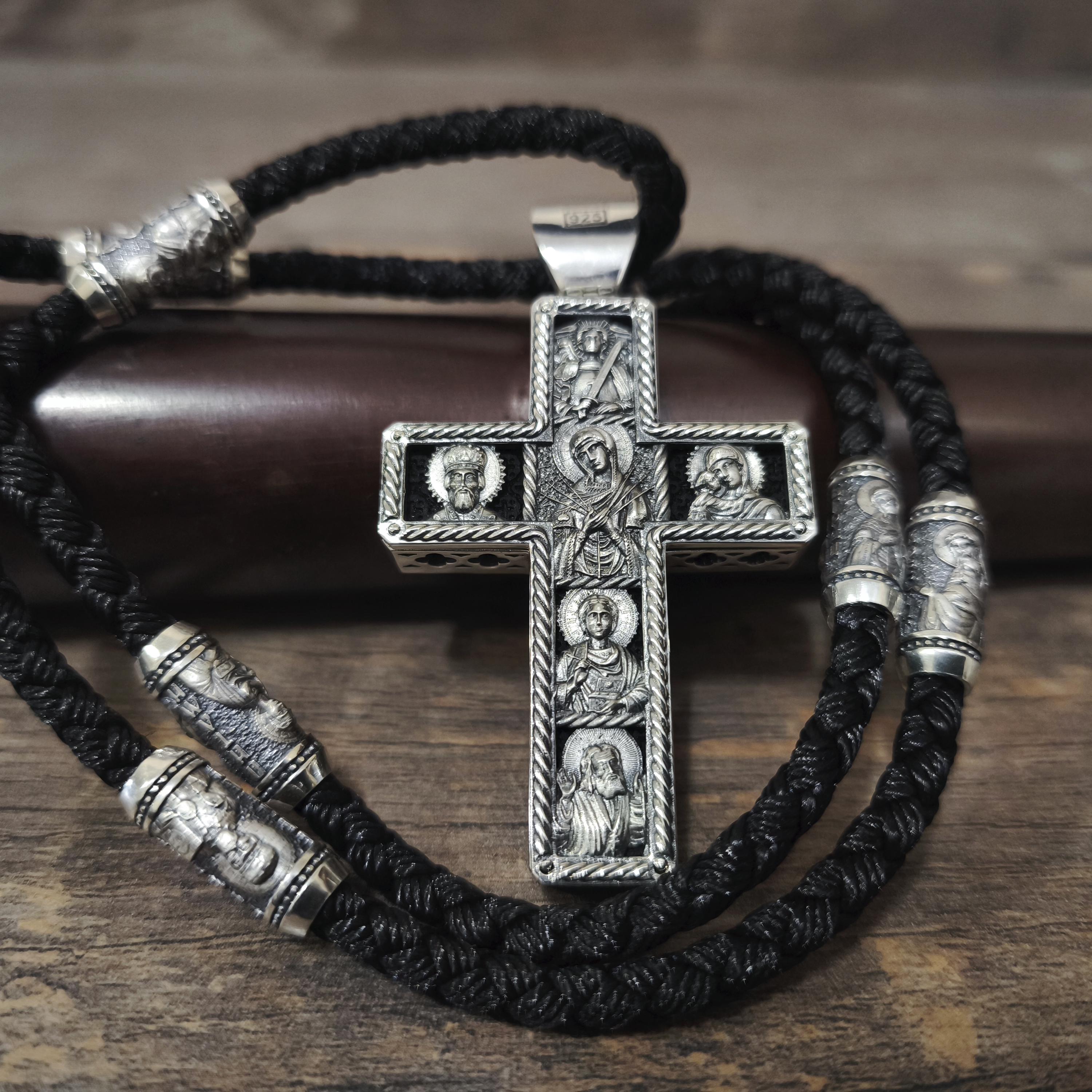 Sterling Silver Orthodox Crucifix Necklace: Jesus Cross Pendant, Ebony Wood