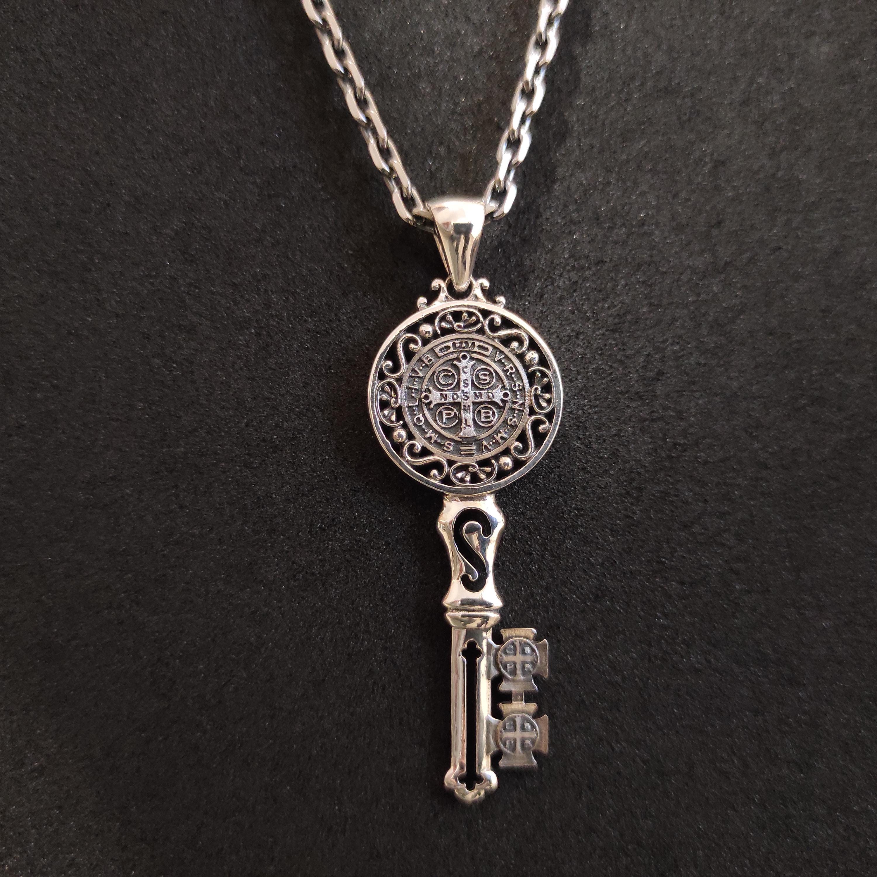 Saint Benedict Key Pendant: Sterling Silver Gothic Crucifix Necklace