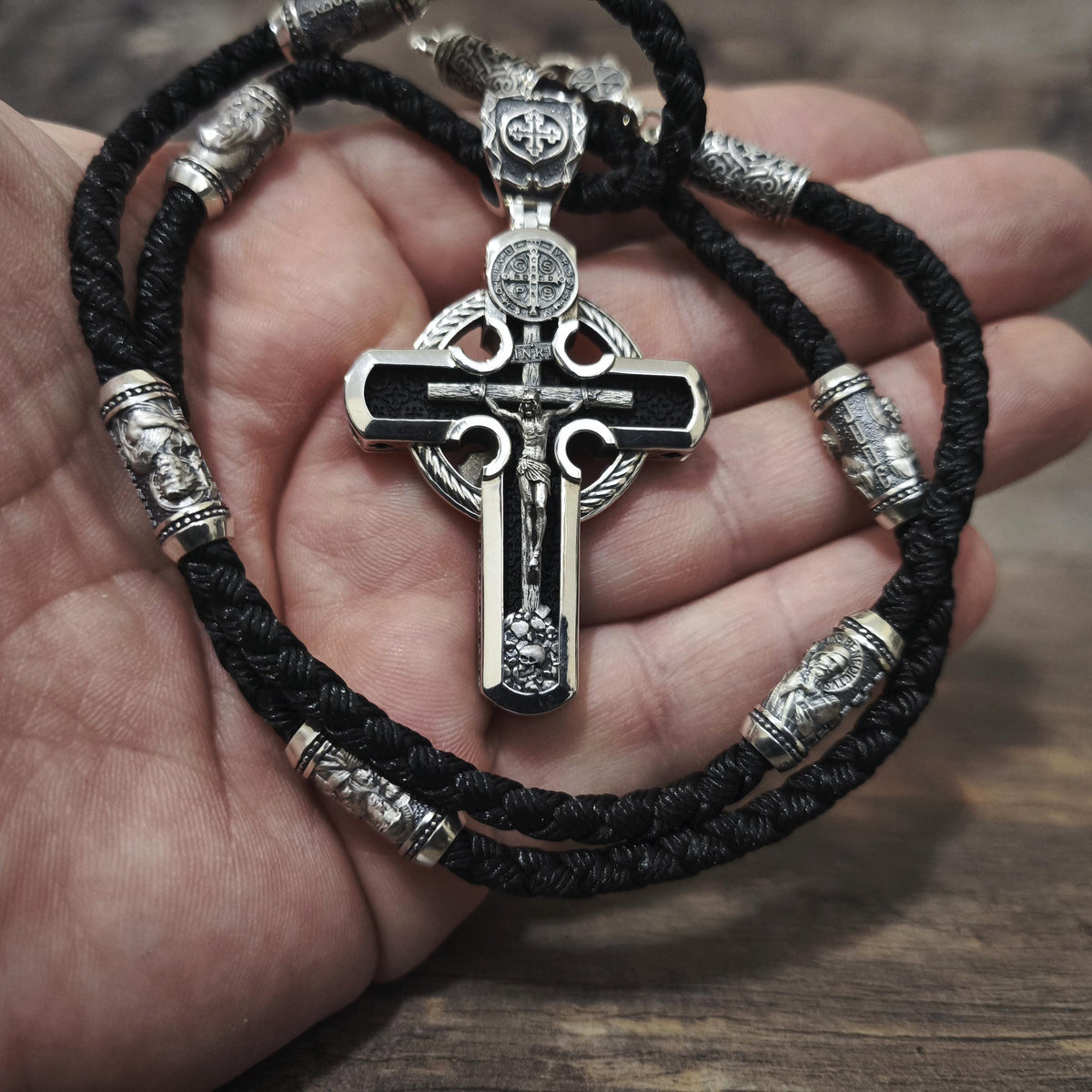 Personalized Jesus Cross Saint Benedict Crucifix Necklace Archangel Saint Michael : Sterling Silver & Ebony Wood
