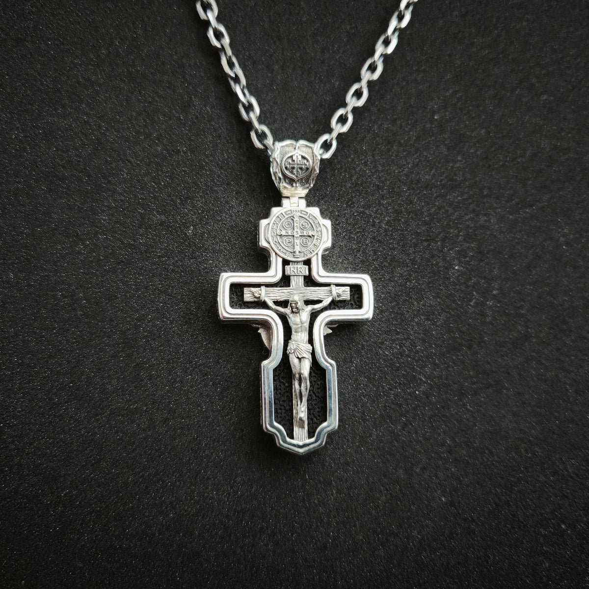 Personalized Saint Benedict Crucifix Necklace Archangel Saint Michael : Sterling Silver & Ebony Wood
