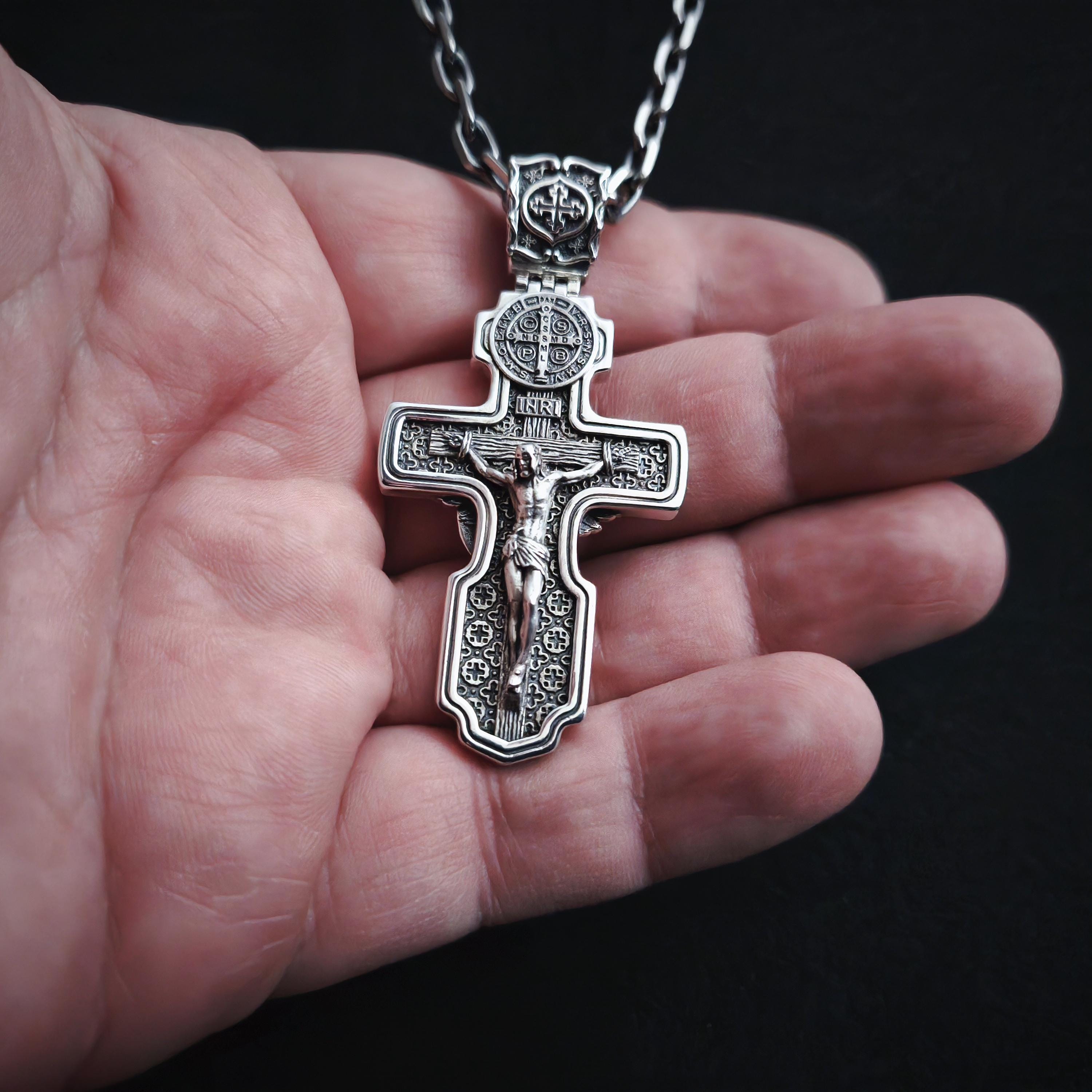 Personalized Jesus Cross Saint Benedict Crucifix Necklace Archangel Saint Michael: Sterling Silver
